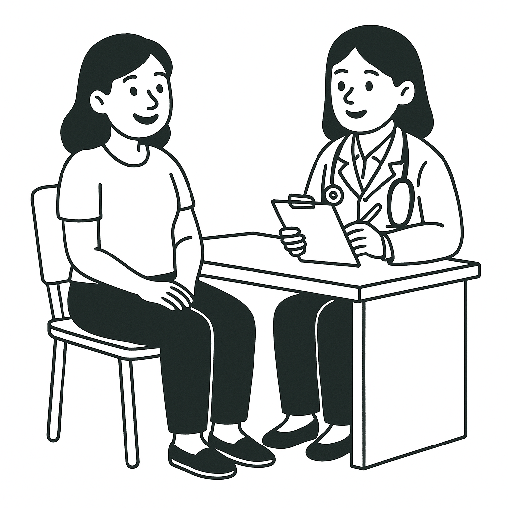 A woman sitting in a doctor's office with a female doctor taking notes on a clipboard.