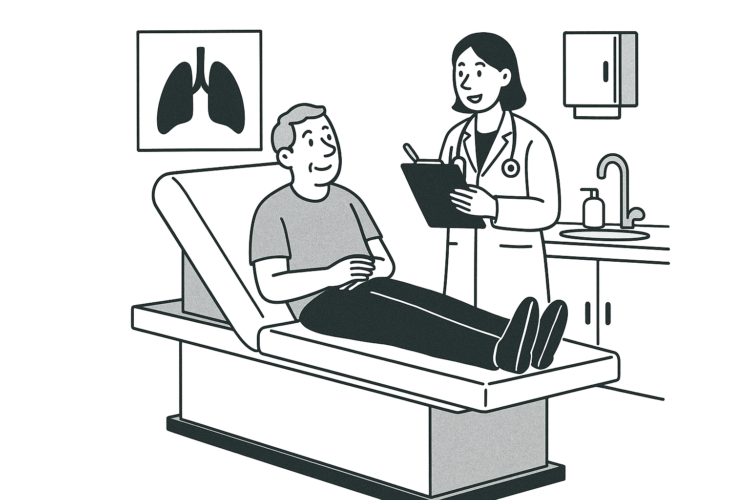 Black and white illustration of a doctor talking to a male patient lying on an examination table in a medical office.