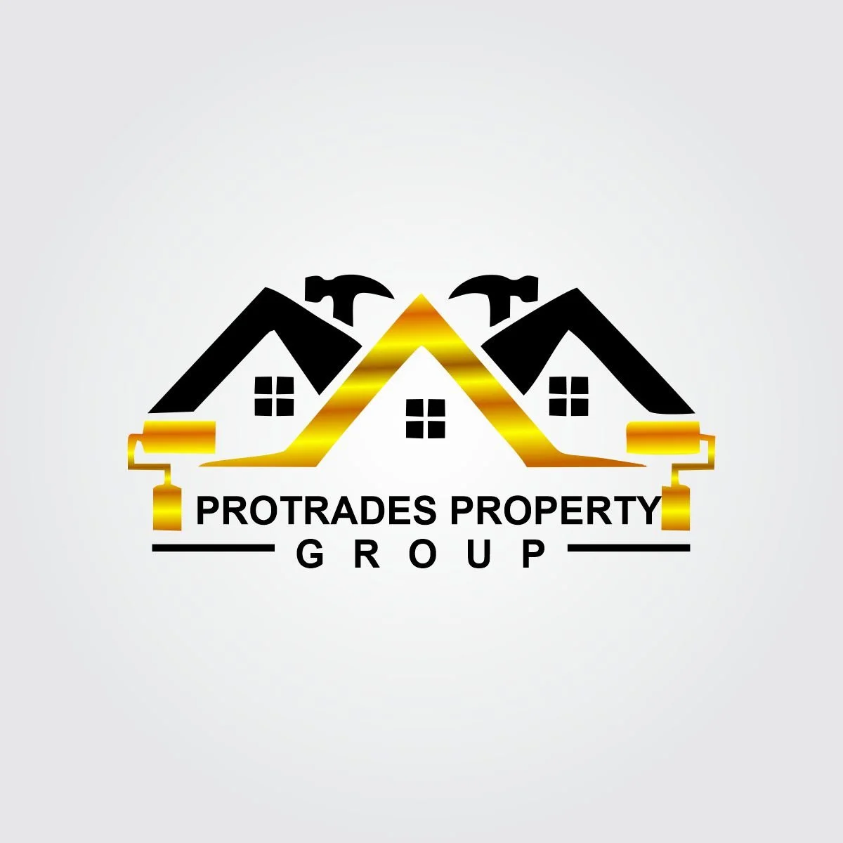 Logo of Protrades Property Group featuring three stylized houses with black roofs, gold accents, and tools protruding from the rooftops, with the company name written below.