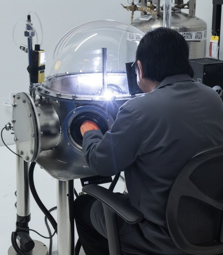 Operator at TRON E-24 with UV-protective dome and arc visible — Spacetron Valencia CA facility