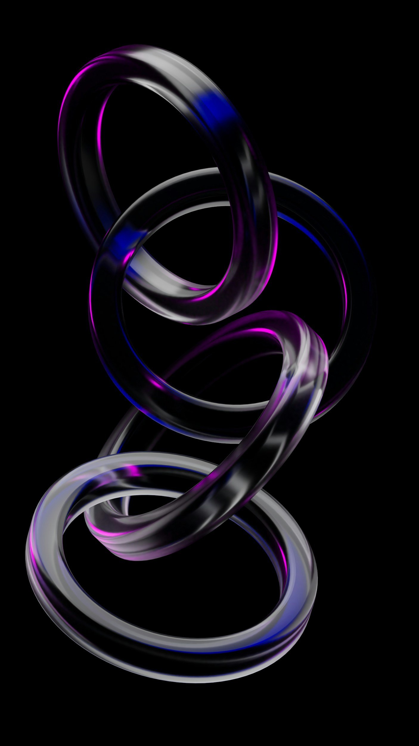 Three metallic rings intertwined with glowing purple, blue, and silver reflections against a black background.