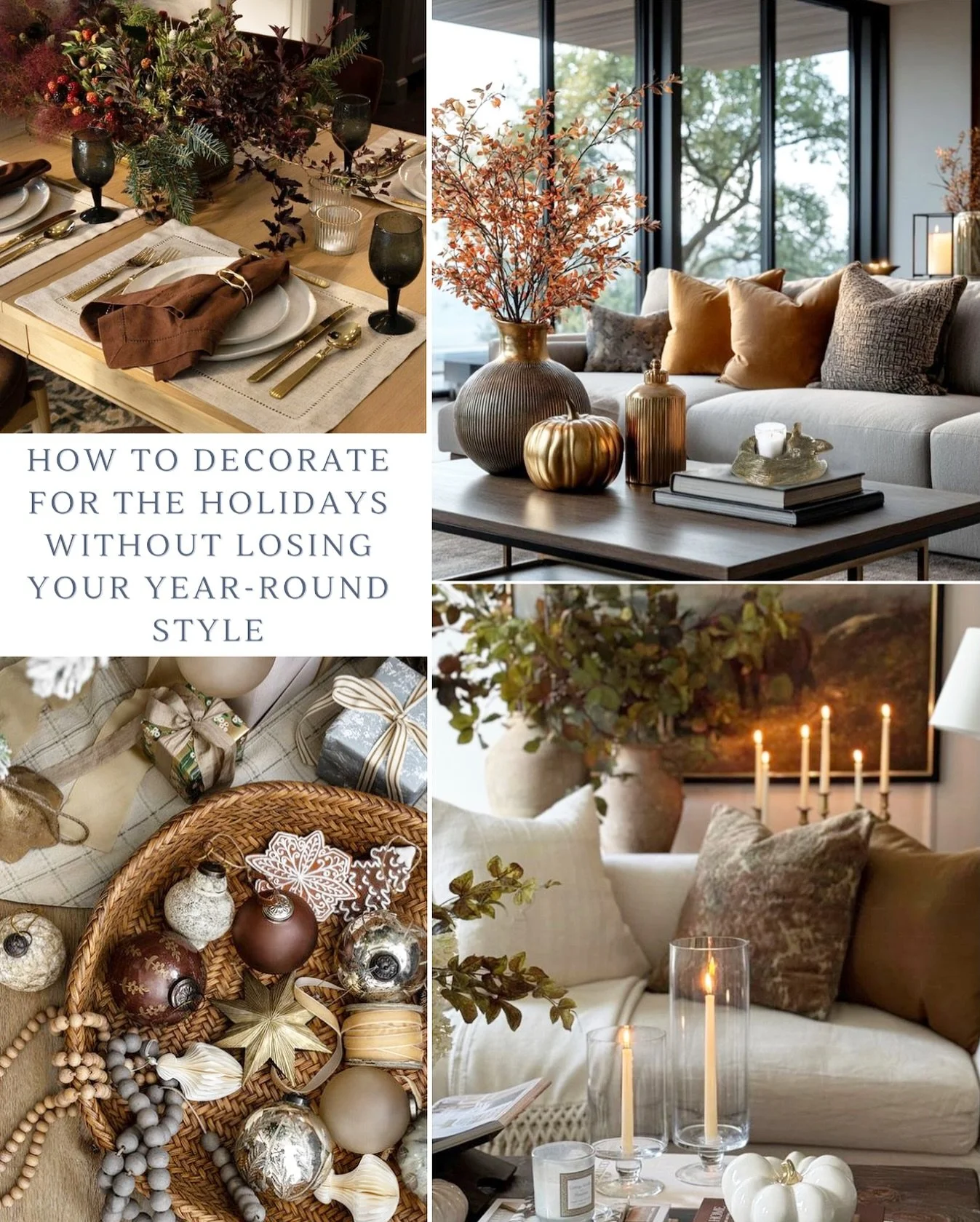 With the holidays right around the corner, do you want to know the secret to a holiday ready home?🤎
Start with your existing color palette and build from there. 
I’m sharing how to decorate for the holidays without losing your year round style
