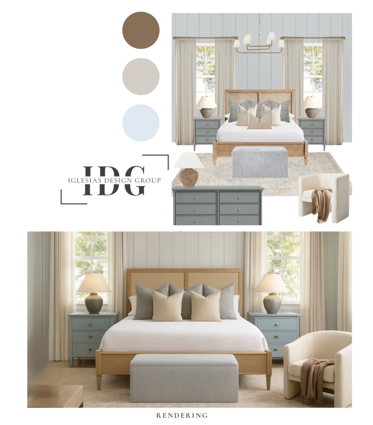 Mood Board Monday ✨ Soft coastal tones, warm woods, and subtle baby blue accents come together to create a calm, elevated retreat designed for rest and ease.

Ready to transform your bedroom into a space like this? Let&rsquo;s 
design it together!🤍 