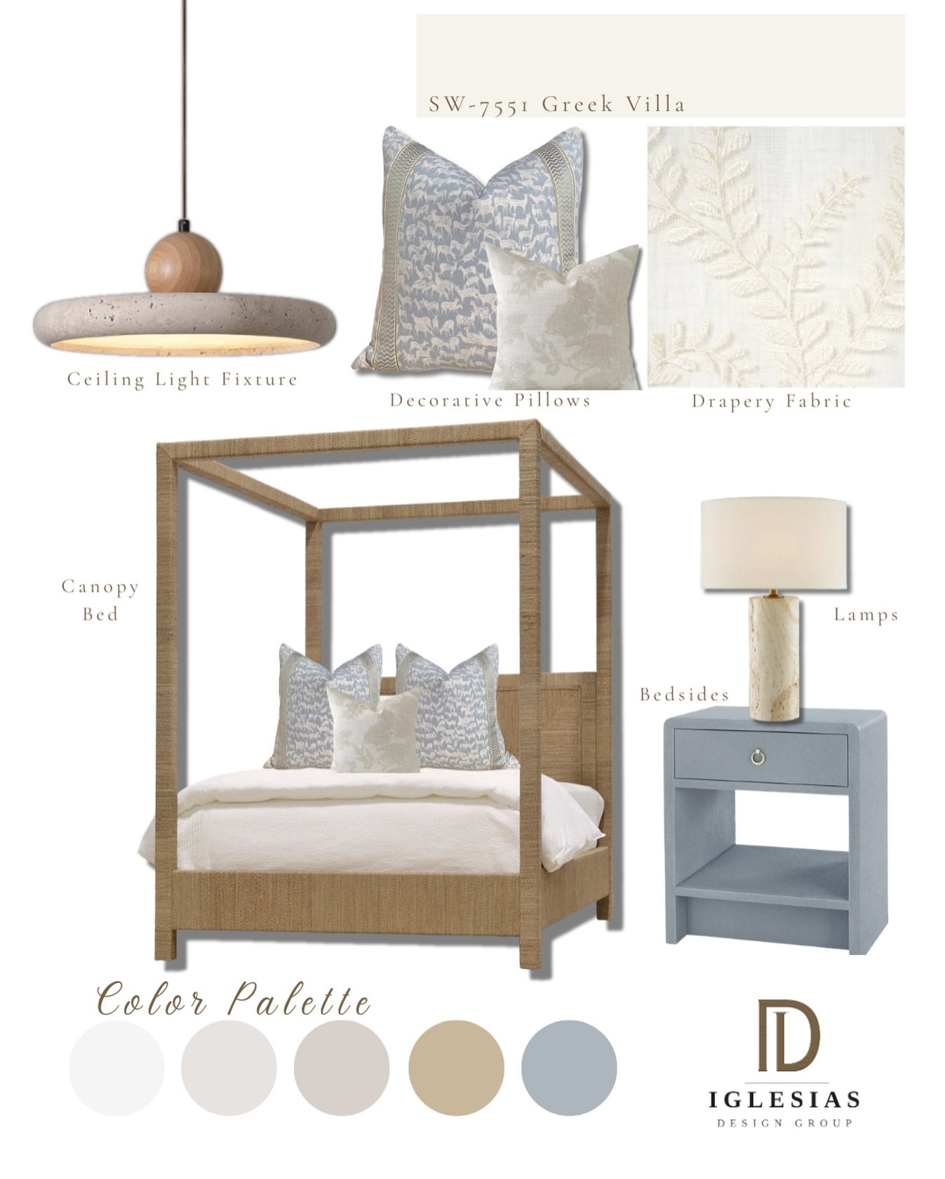 This primary bedroom design is all about feeling grounded the moment you walk in🤍We layered a travertine ceiling light fixture and travertine lamps to anchor the space in natural stone, wrapped the canopy bed frame in warm rattan for that organic te