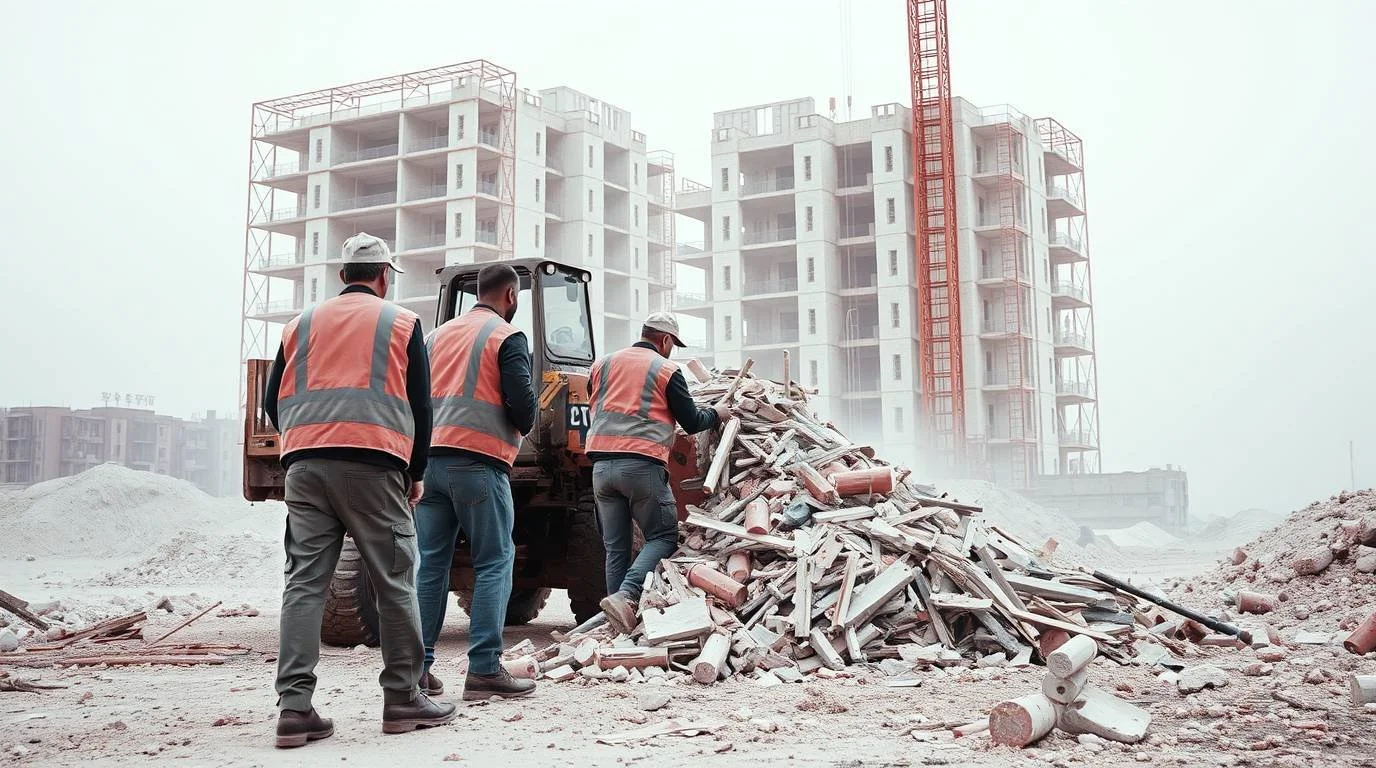 High-resolution stock photo A team of men removing debris from a construction site, rendered in surreal infrared tones, an otherworldly appearance. Commercial and professional quality.jpg