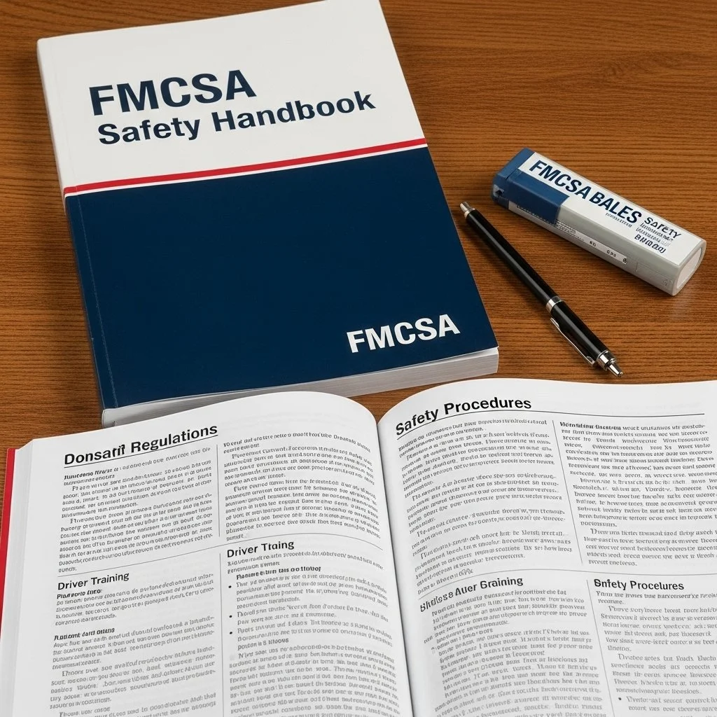 FMCSA Safety Handbook, marker, and open manuals on a wooden desk.