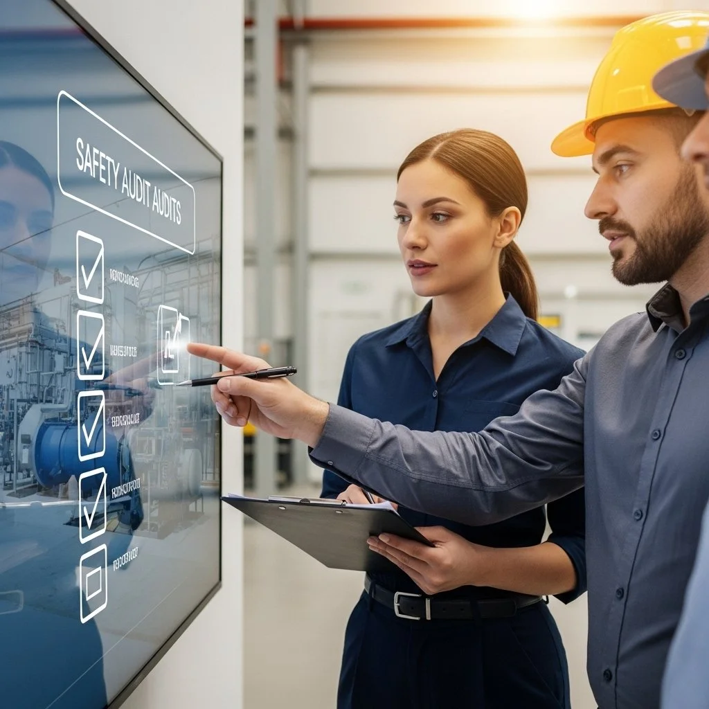 Two industrial workers, a woman and a man wearing safety helmets, review a safety audit checklist on a digital screen in a manufacturing plant.