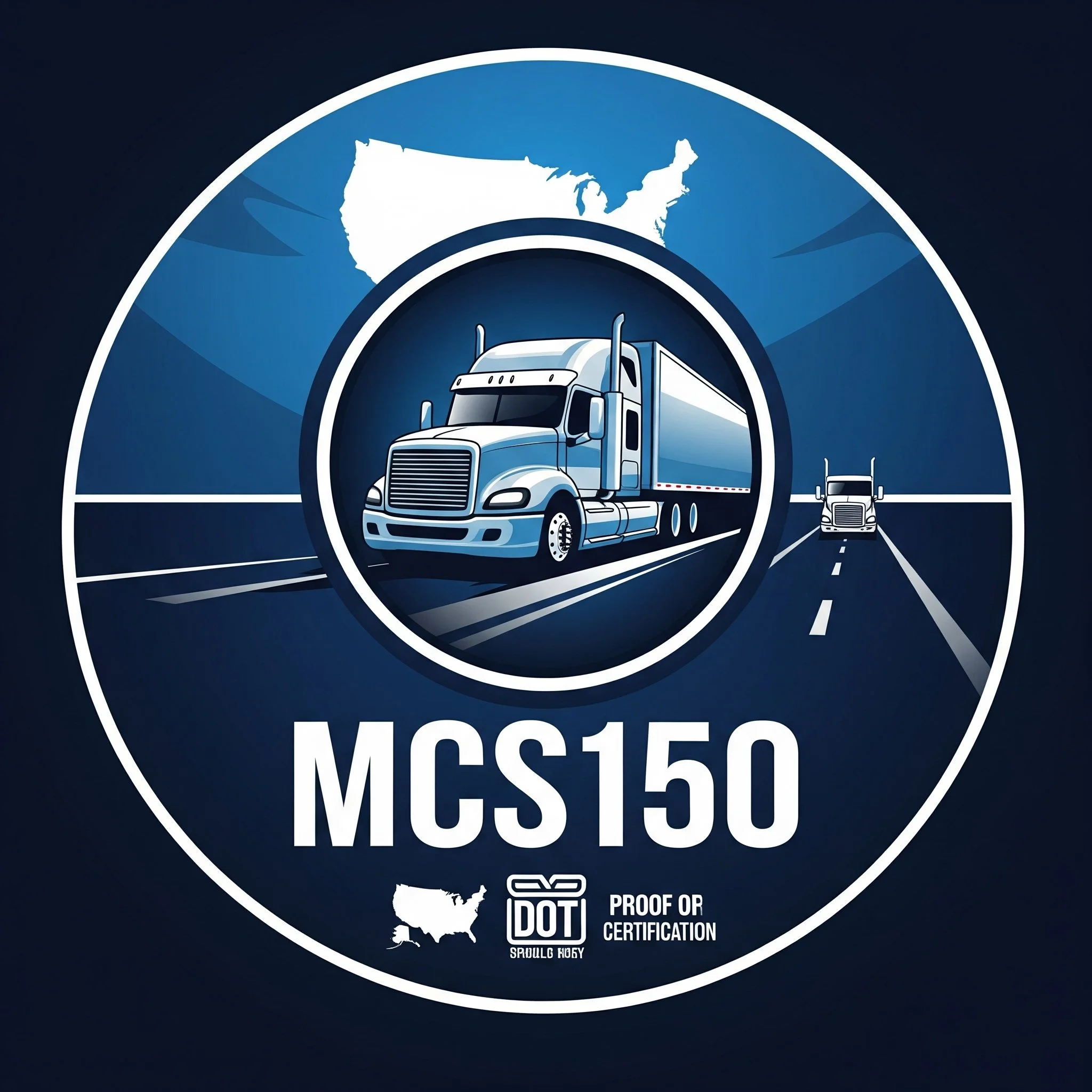 Illustration of a semi-truck on a highway with a map of the United States in the background, and the text "MCS150" below. DOT proof or certification logo also present.