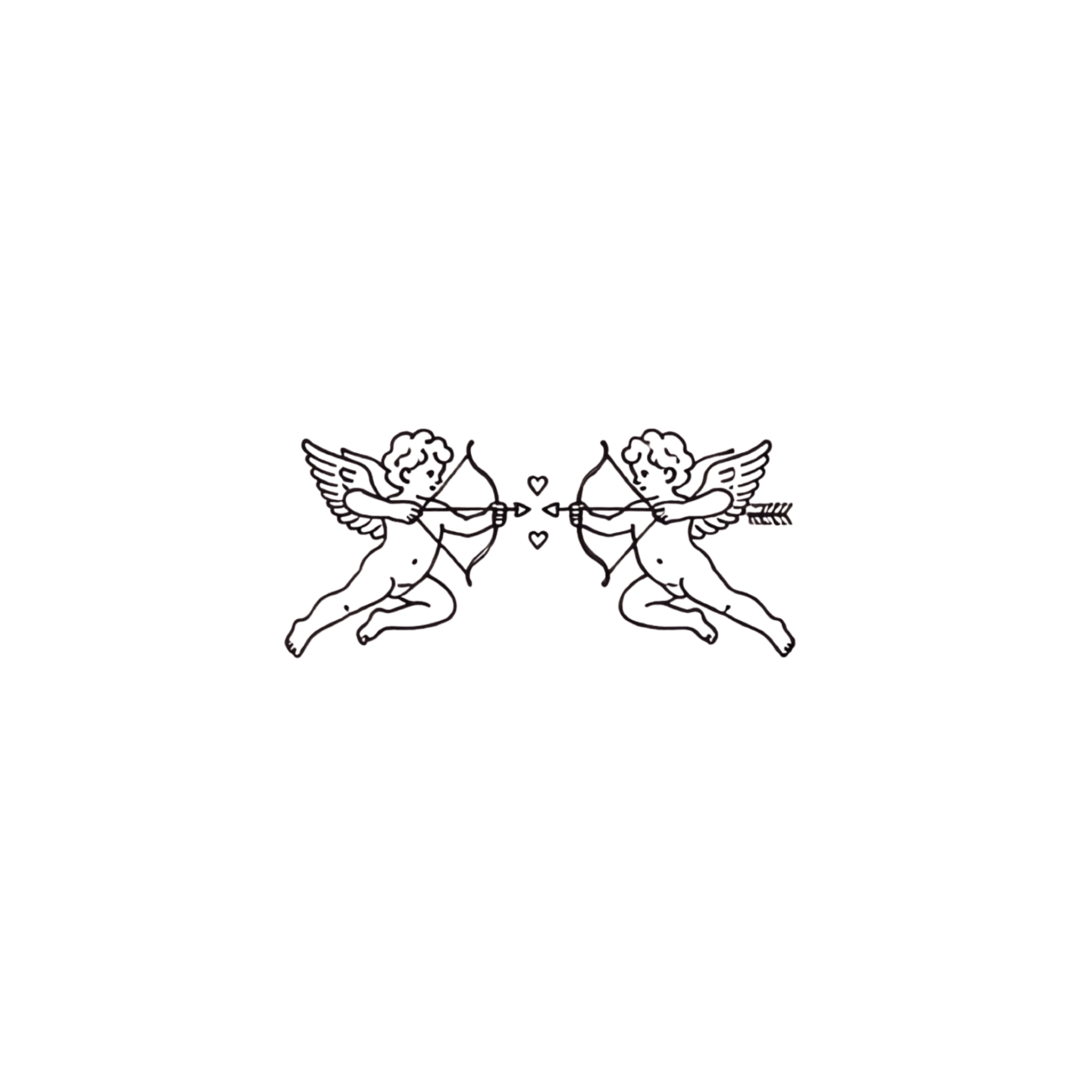 Two cupid angels with wings and curly hair, kneeling and holding a bow, with heart-shaped arrow, facing each other, on a black background.