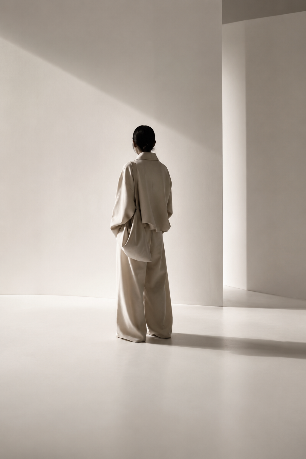 Person standing alone in a minimalist, modern, white space with geometric shadows.