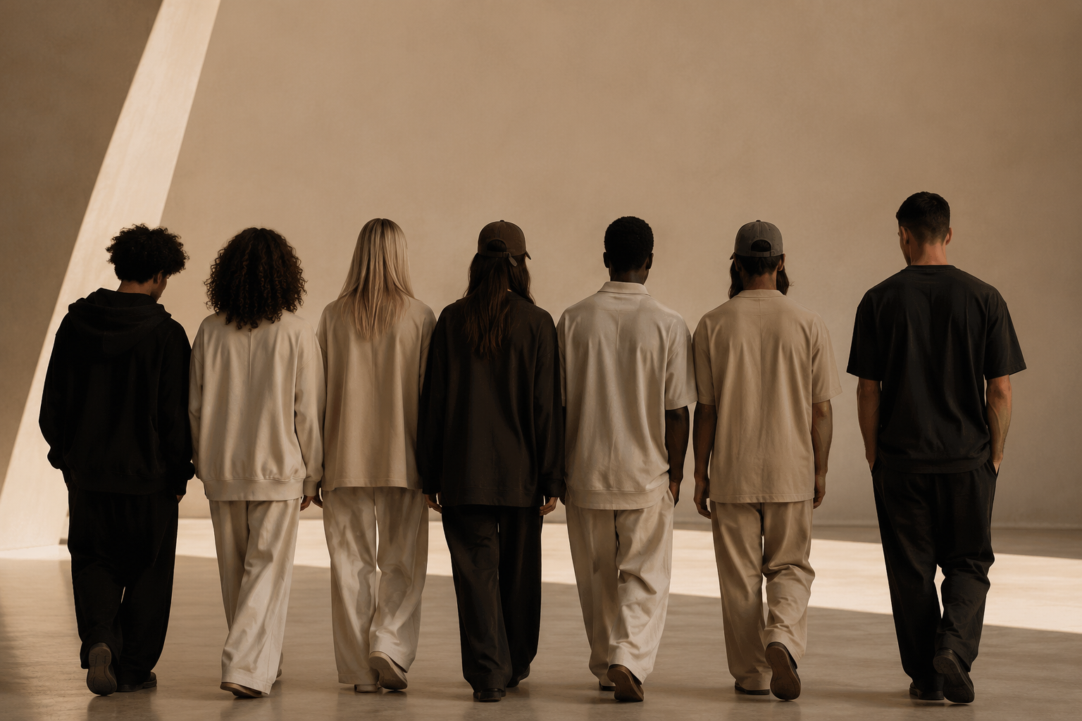 Seven diverse people walking away in a line inside a modern, minimalist building.