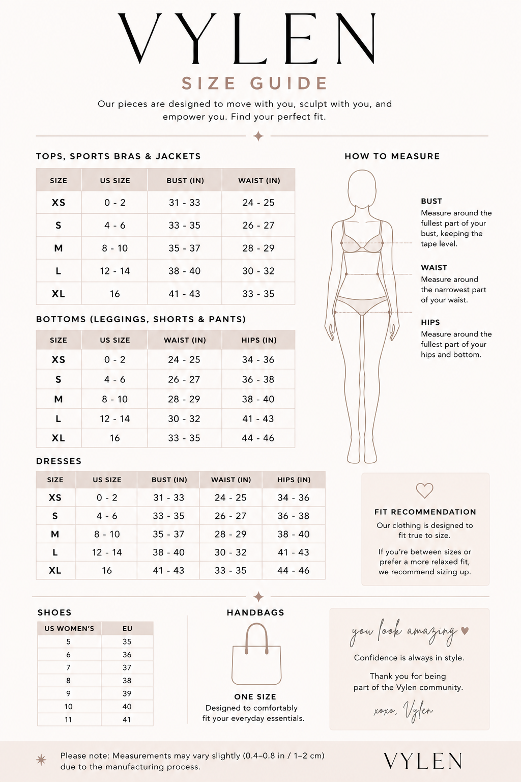 A size guide chart for VYLEN brand clothing, including measurements for tops, bottoms, dresses, shoes, handbags, and instructions on how to measure. The chart features a diagram of a woman with measurement points for bust, waist, and hips and include