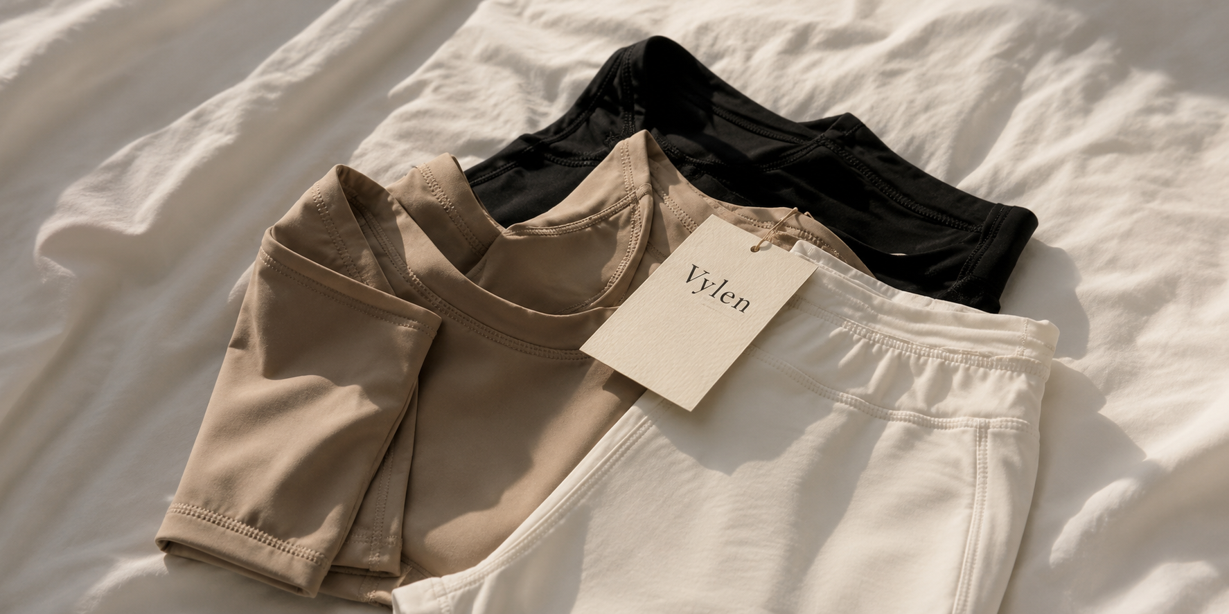 Three folded T-shirts in beige, black, and white, with a tag labeled "Vylen", laid on a white fabric surface.