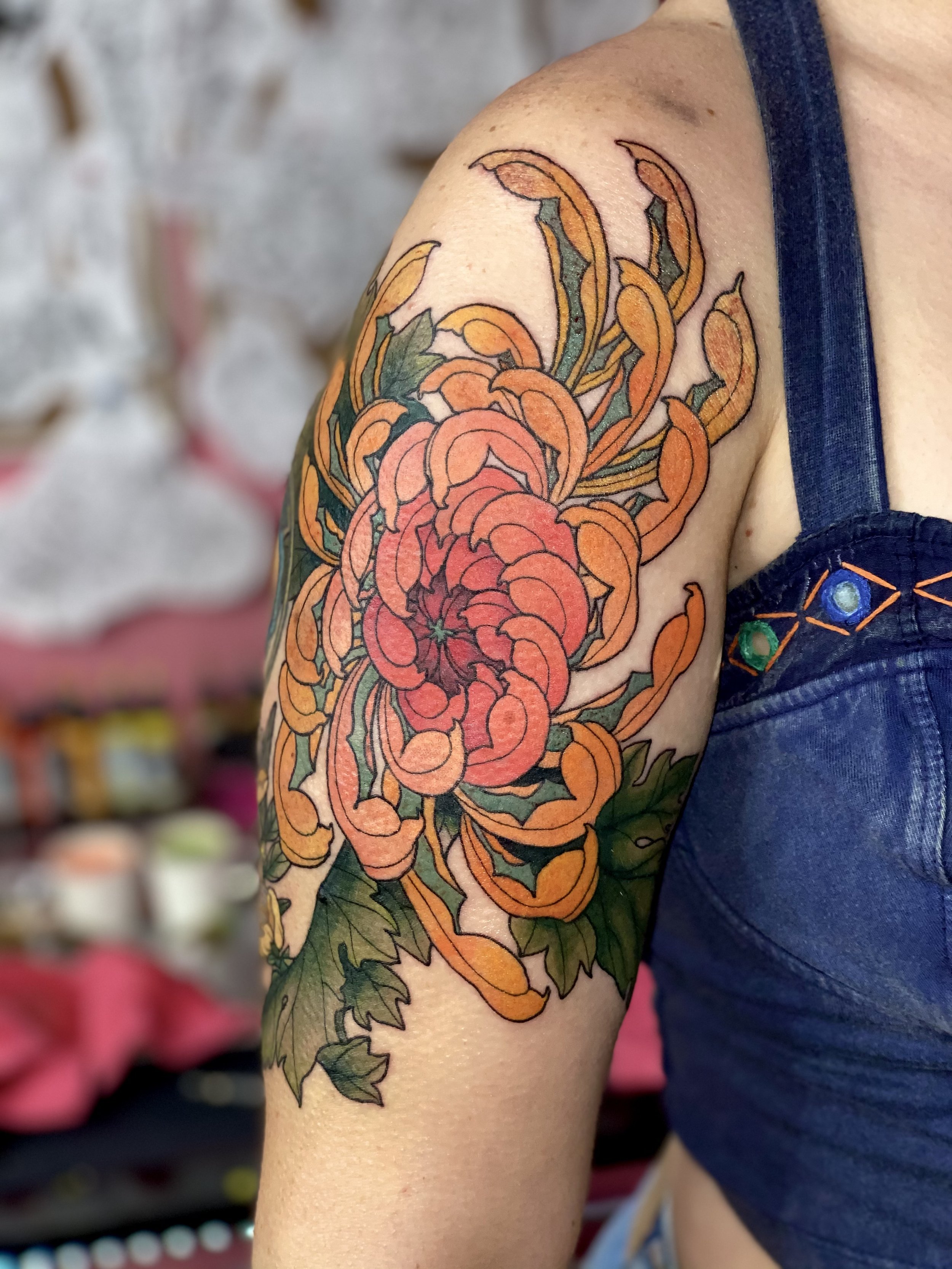 Chrysanthemum tattoo by Arville Persons