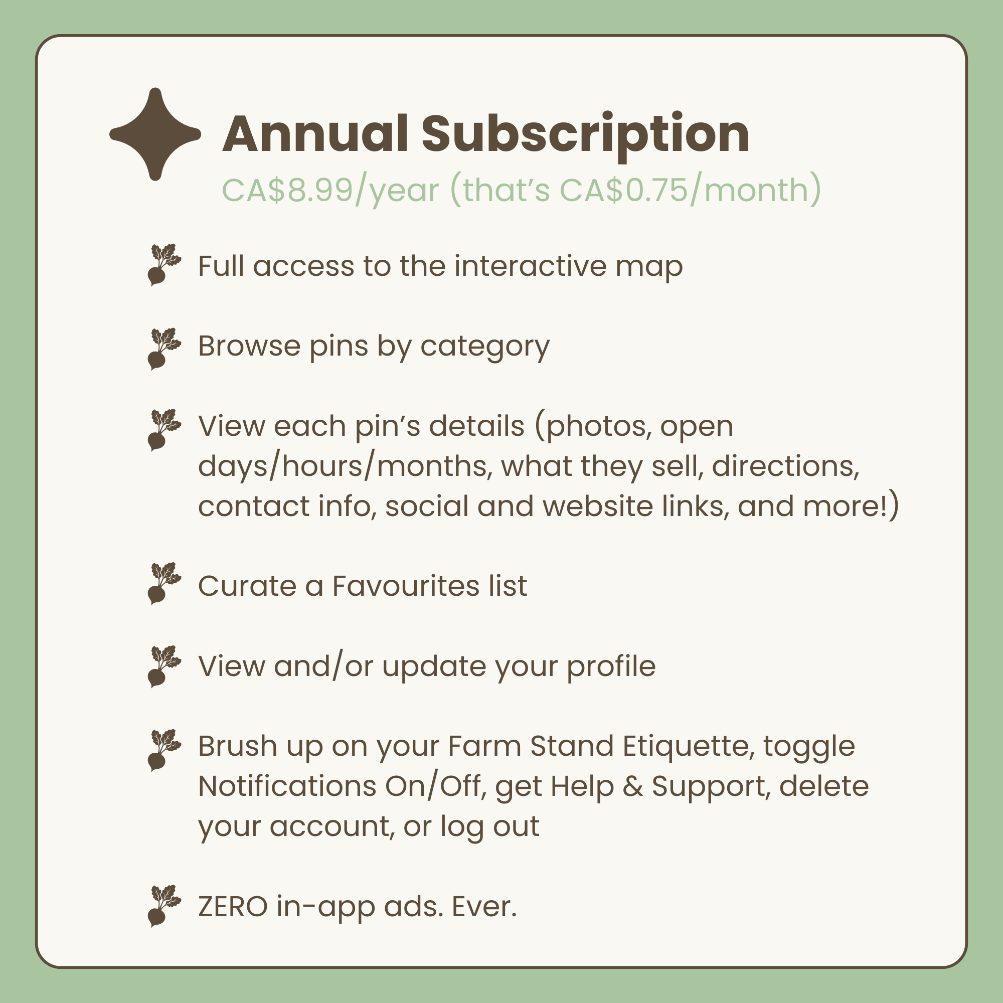 Information about Annual Subscription for a service, costing CA$8.99 per year, including features like access to an interactive map, browsing pins by category, viewing pin details, managing a favorites list, profile updates, and account management, with no in-app ads.