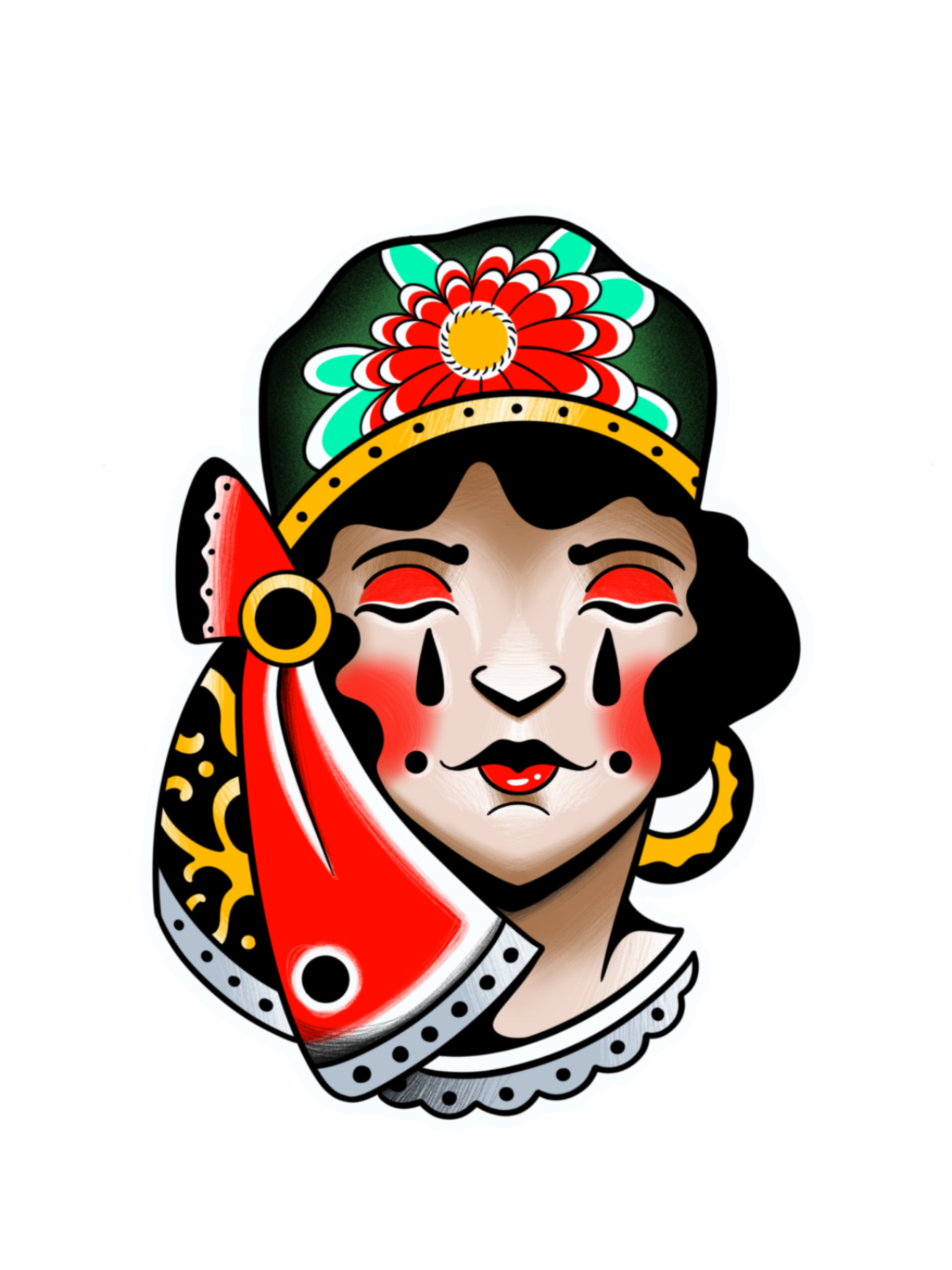 Traditional gypsy tattoo design illustrated by Flow Kappa Tattoo, featuring a classic crying gypsy woman with bold lines and vibrant colors, created in West Palm Beach, Florida.