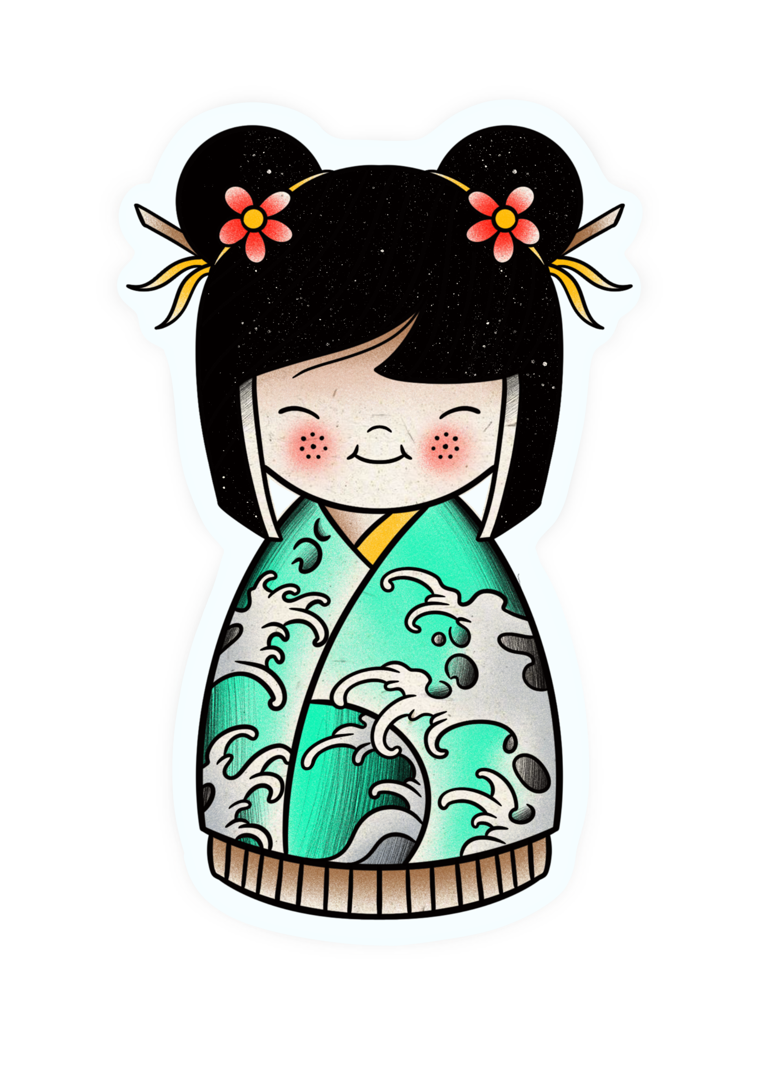 Illustrative tattoo design featuring a traditional Japanese Kokeshi doll wearing a patterned kimono with floral details. Original custom artwork by Yonathan Suarez, a traditional and illustrative tattoo artist in West Palm Beach, Florida.