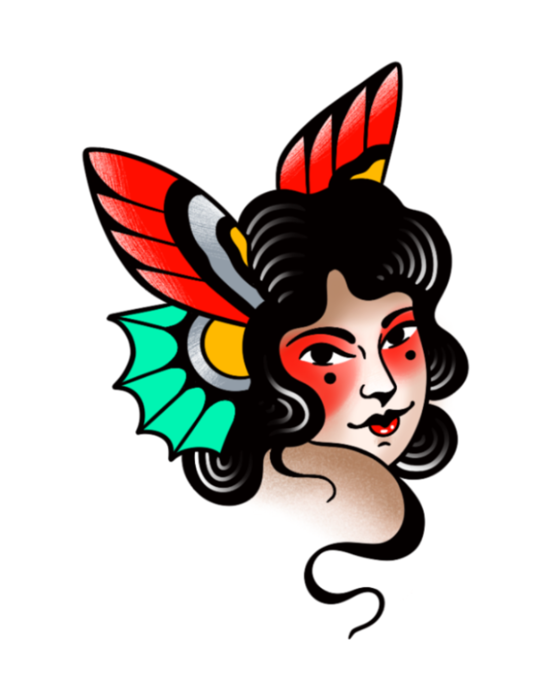 Traditional woman tattoo design featuring a classic female portrait with butterfly wings, bold lines and vibrant colors, illustrated by Flow Kappa Tattoo in West Palm Beach, Florida.