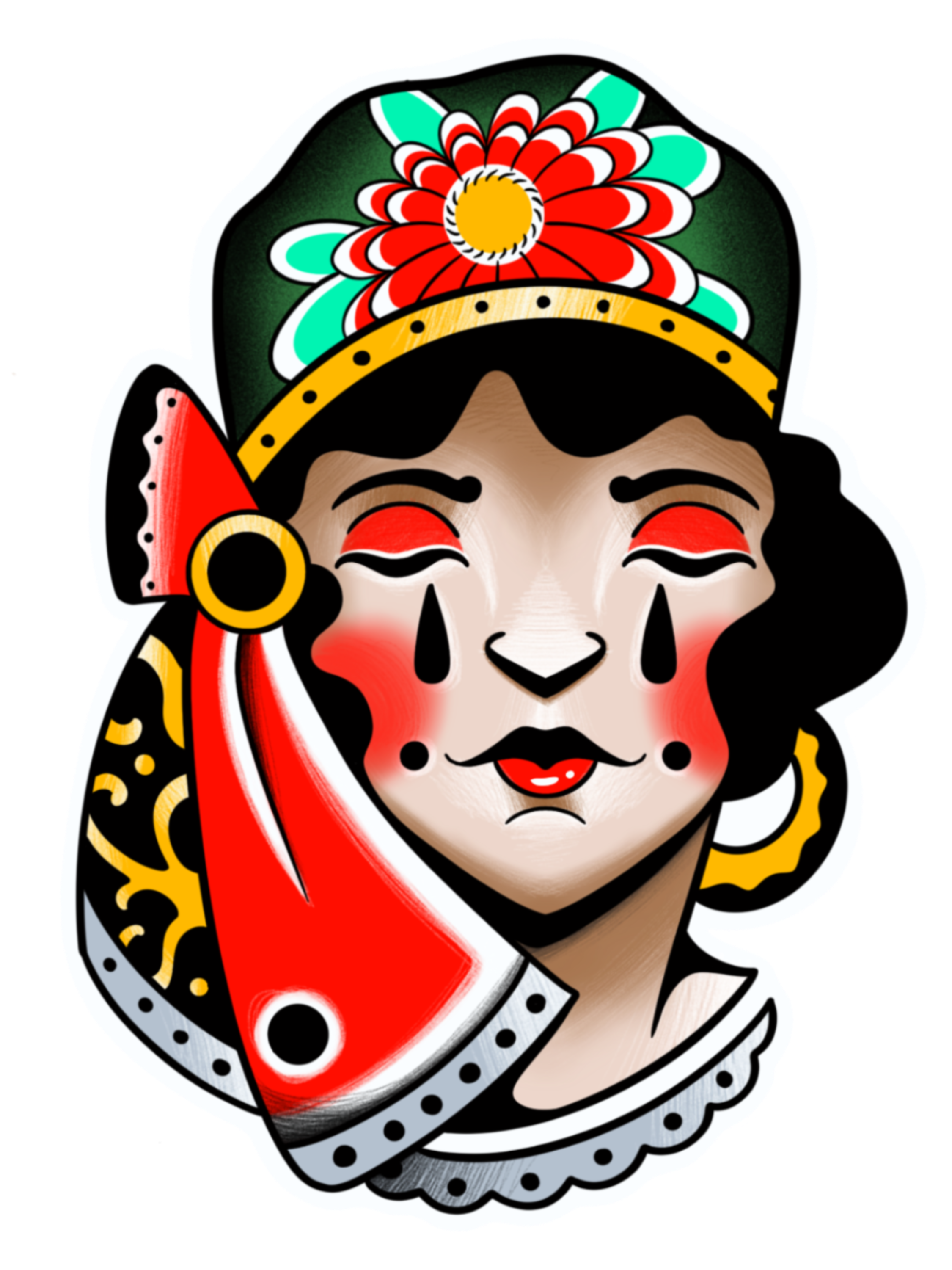 Traditional tattoo flash featuring a lady head with a floral headdress, decorative jewelry, and bold colors. Original design by Yonathan Suarez in West Palm Beach, Florida.