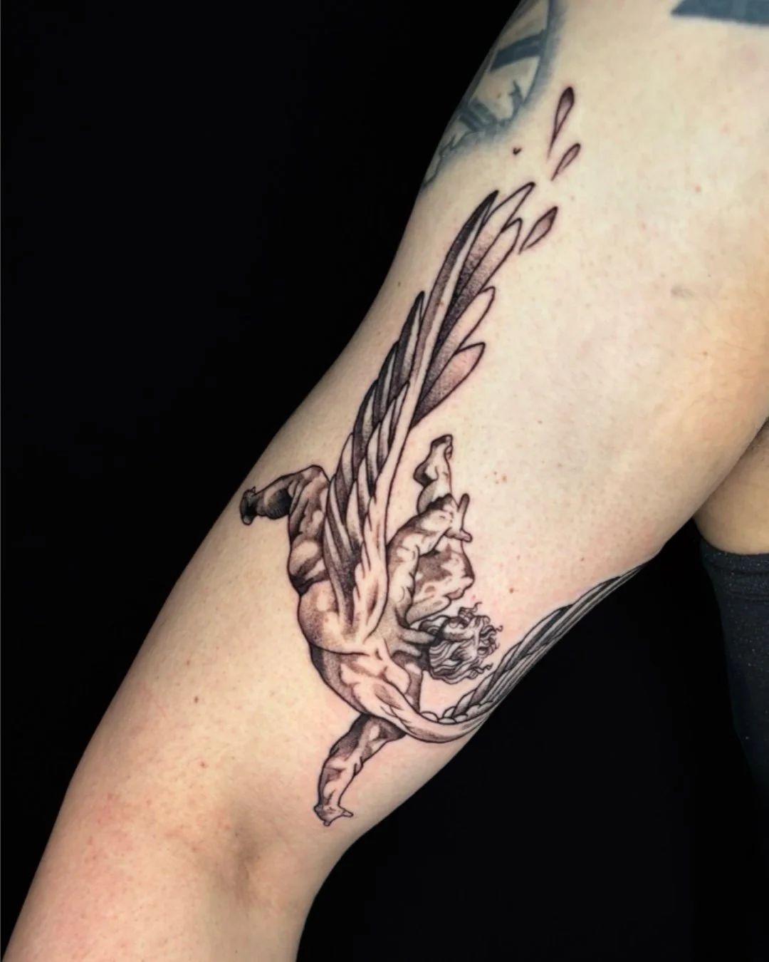 Icarus blackwork tattoo created in West Palm Beach, Florida. This piece is inspired by the Greek myth of Ícaro, symbolizing ambition, freedom, and the consequences of reaching beyond limits. Executed in a clean blackwork style, the design focuses on 