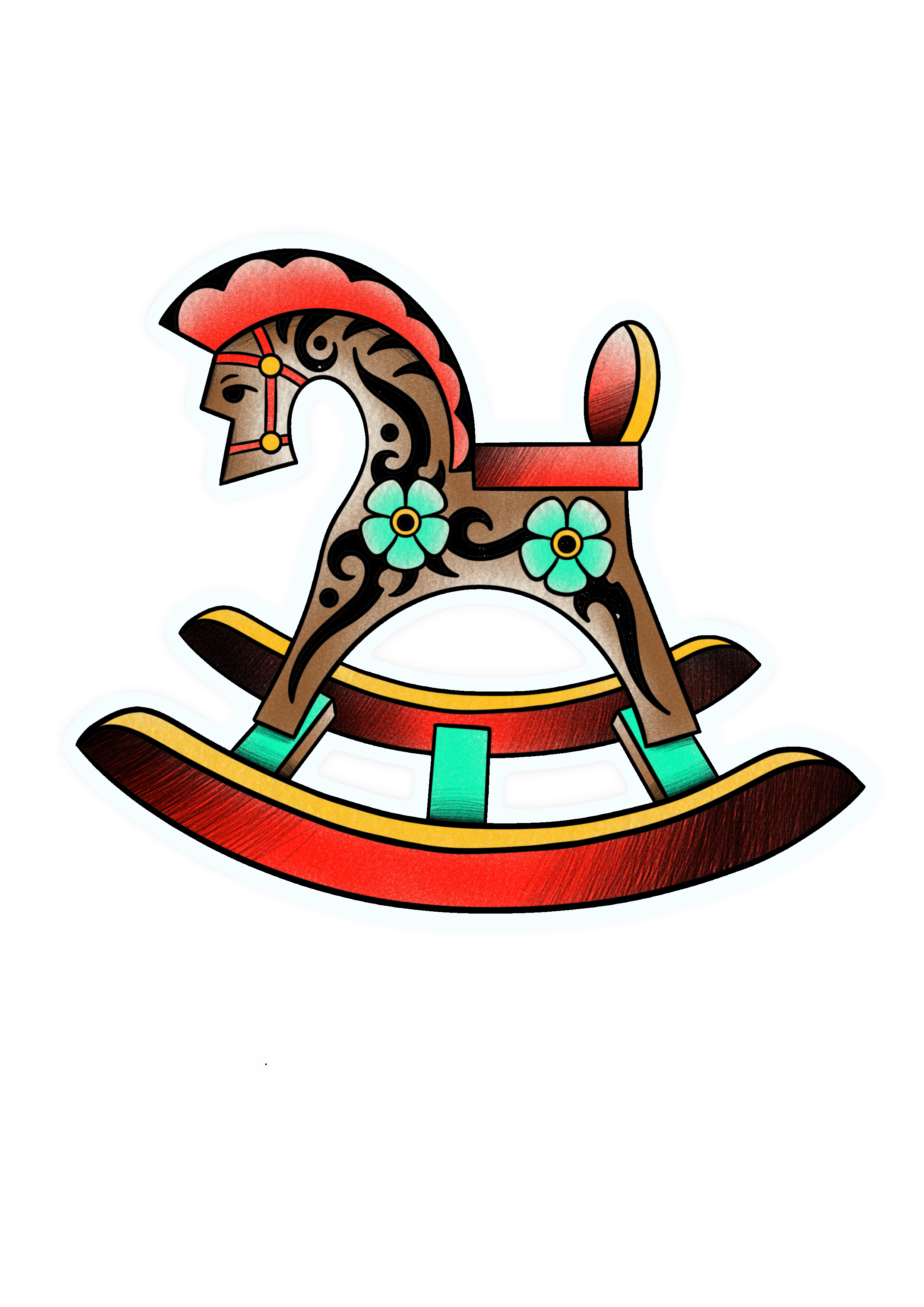 American traditional tattoo design featuring a vintage rocking horse with floral details, bold linework, and vibrant colors. Original custom artwork by Yonathan Suarez, a traditional and illustrative tattoo artist in West Palm Beach, Florida.