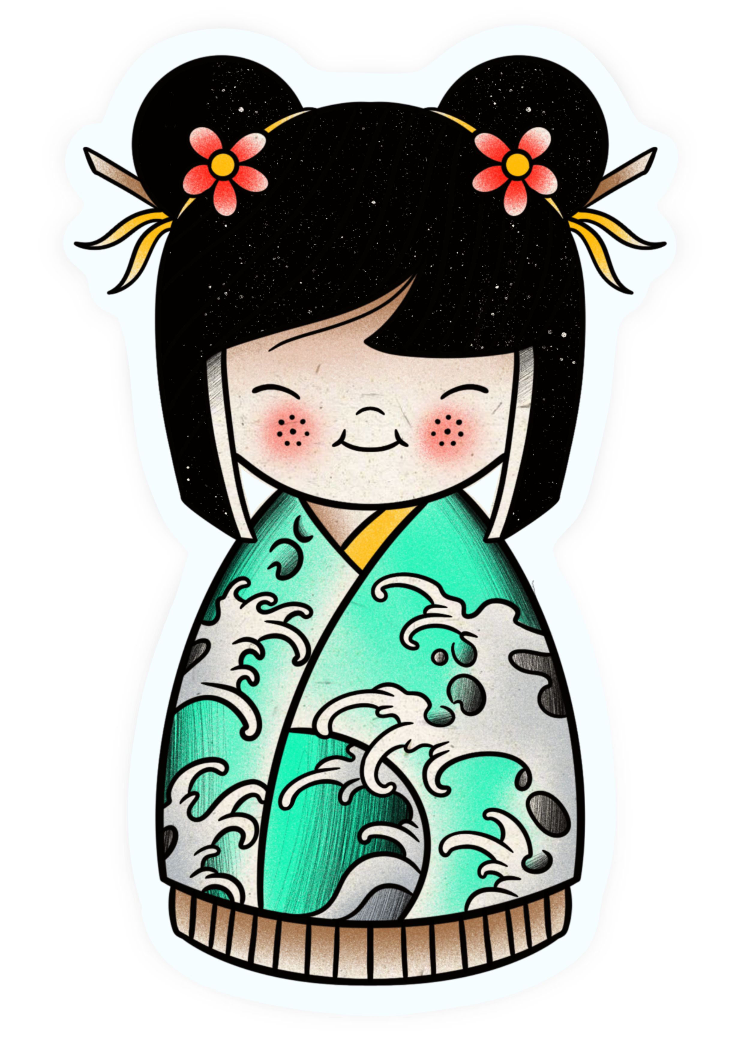 Japanese-inspired tattoo flash design featuring a traditional Kokeshi doll wearing a kimono with wave patterns and floral hair details. Original illustrative tattoo design by Yonathan Suarez in West Palm Beach, Florida.
