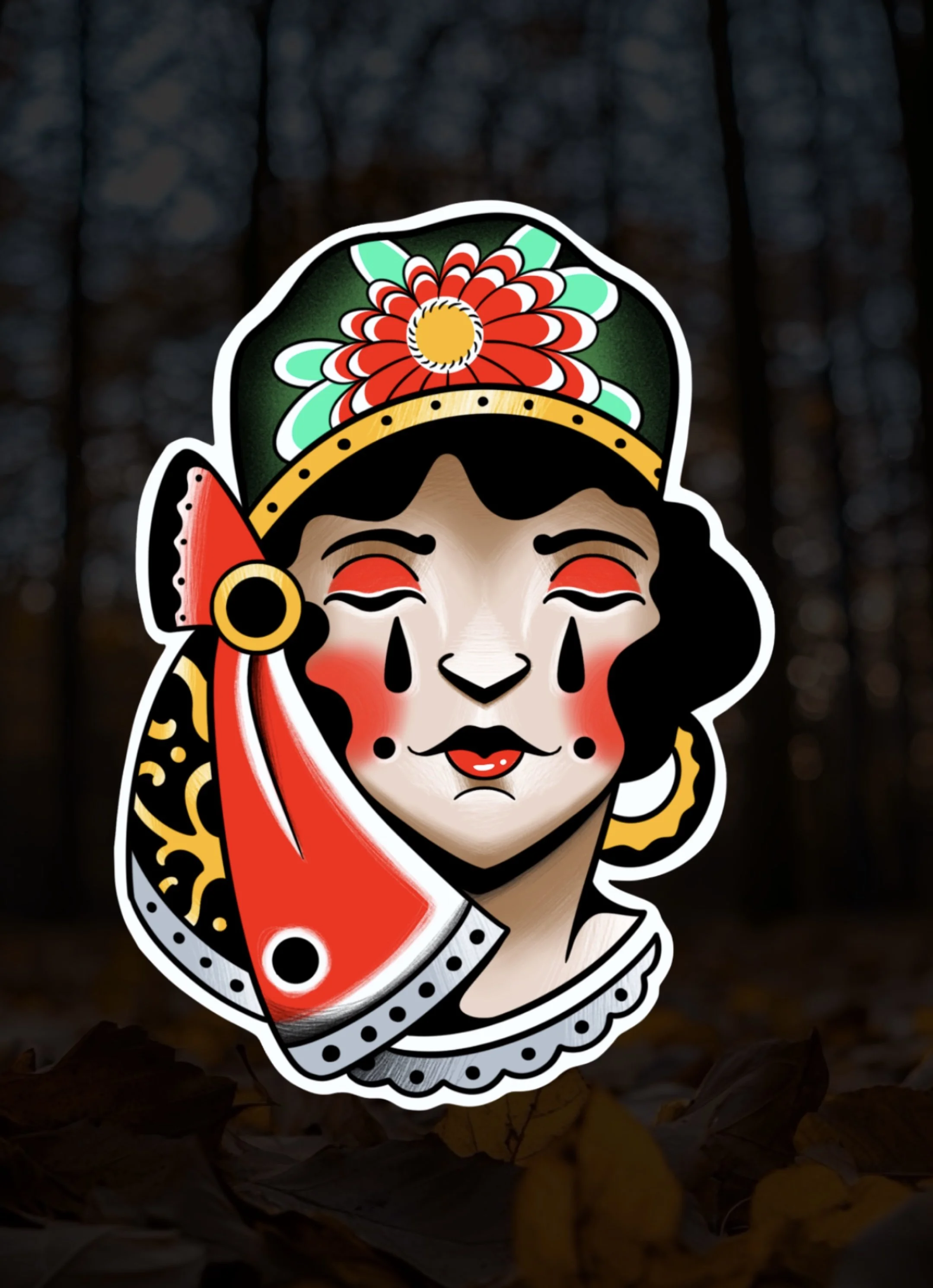 American traditional gypsy tattoo design with bold colors and classic old-school style, created by Flow Kappa in West Palm Beach Florida.