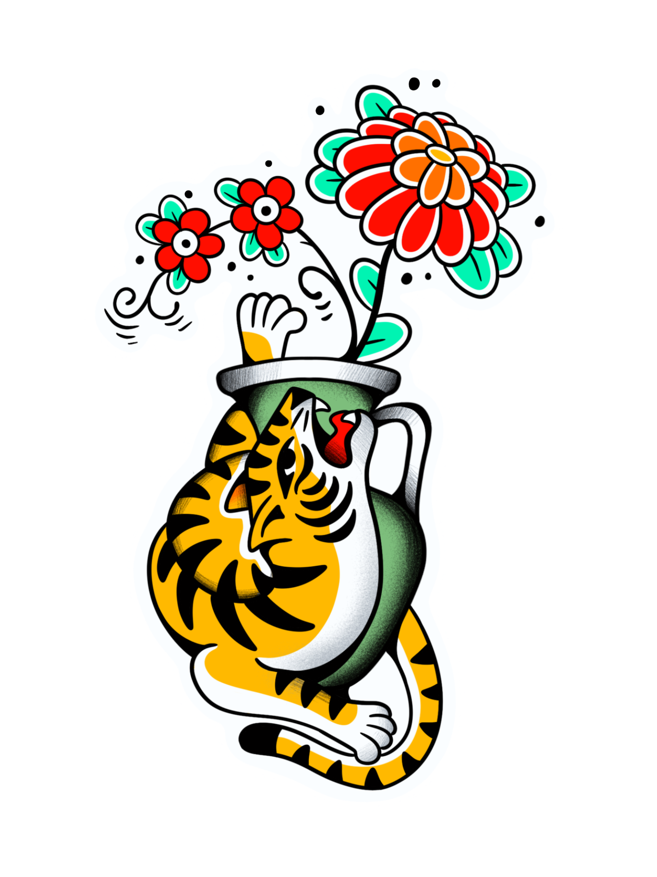 Traditional tattoo design of a tiger illustrated inside a decorative vase with flowers, featuring bold lines and classic colors, created by Flow Kappa Tattoo in West Palm Beach, Florida.