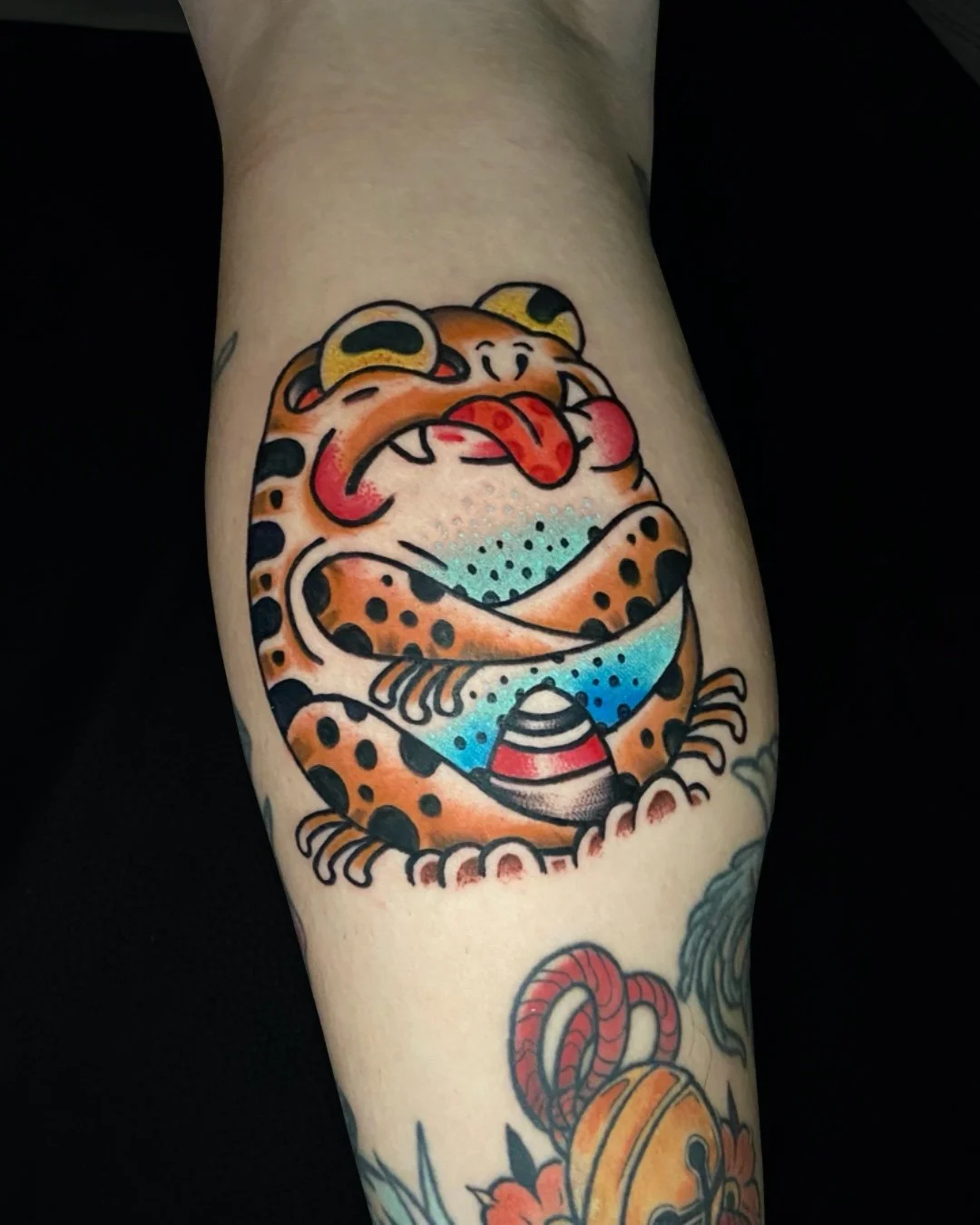 Traditional Japanese frog tattoo done in West Palm Beach, Florida. This custom tattoo features a classic frog design created with bold outlines, strong contrast, and vibrant colors true to traditional Japanese tattoo style. Tattooed by Flow Kappa, th