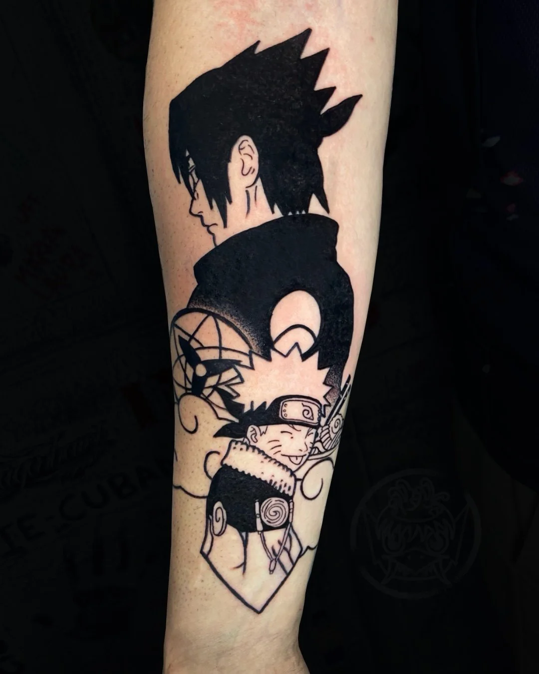 Anime tattoo inspired by Naruto and Sasuke, created in West Palm Beach, Florida. This custom anime tattoo features clean linework, strong black contrast, and a graphic composition inspired by iconic characters from the Naruto series. The design captu