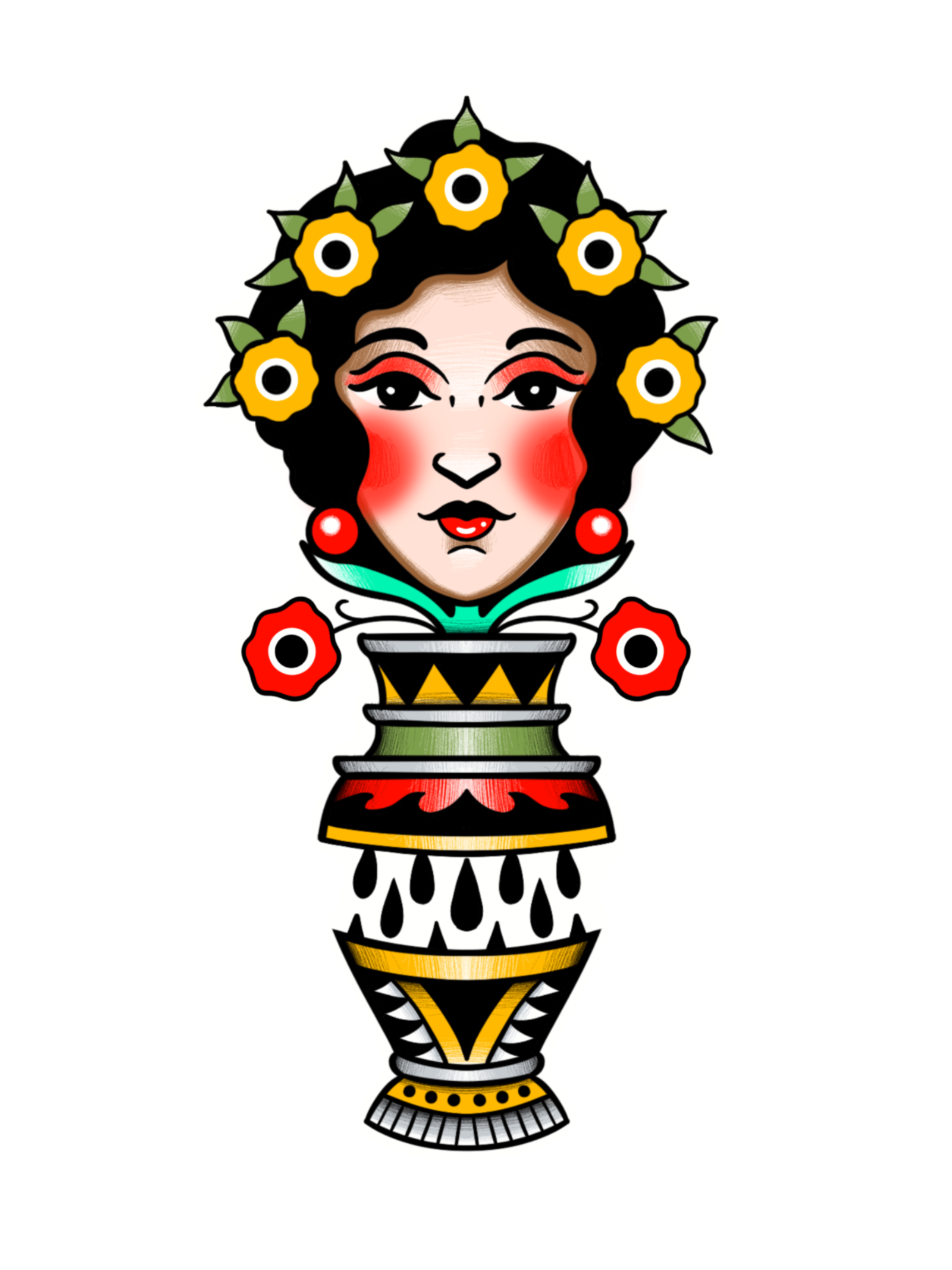 Traditional tattoo flash featuring a woman’s portrait emerging from an ornamental vase with floral details and bold colors. Original design by Yonathan Suarez in West Palm Beach, Florida.