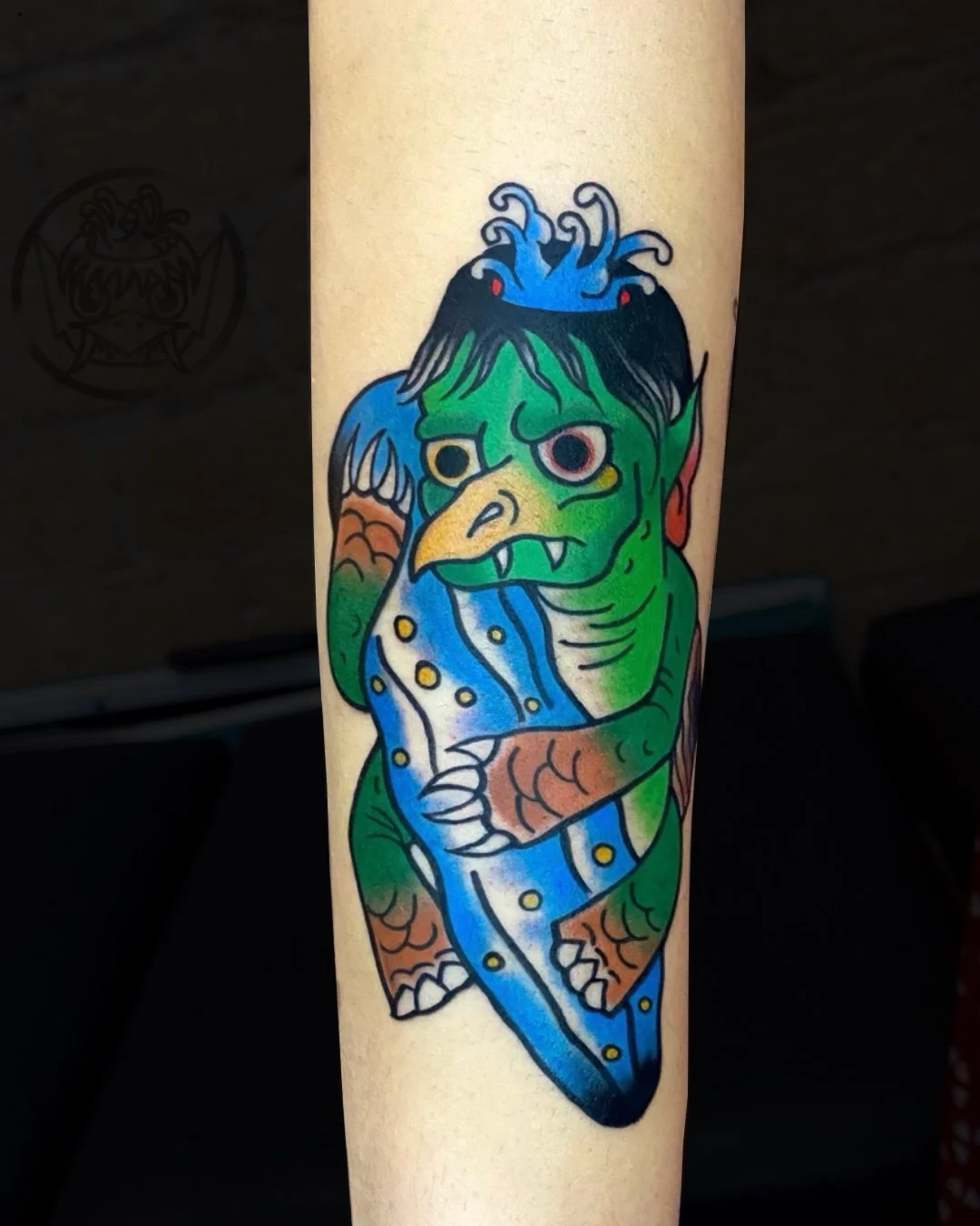 Japanese kappa yokai tattoo on forearm inspired by traditional Japanese folklore, tattooed by Flow Kappa