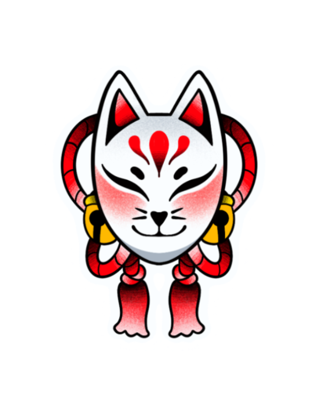 Traditional Japanese kitsune mask tattoo design illustrated by Flow Kappa Tattoo, featuring a classic fox mask with bold lines and red accents, created in West Palm Beach, Florida.