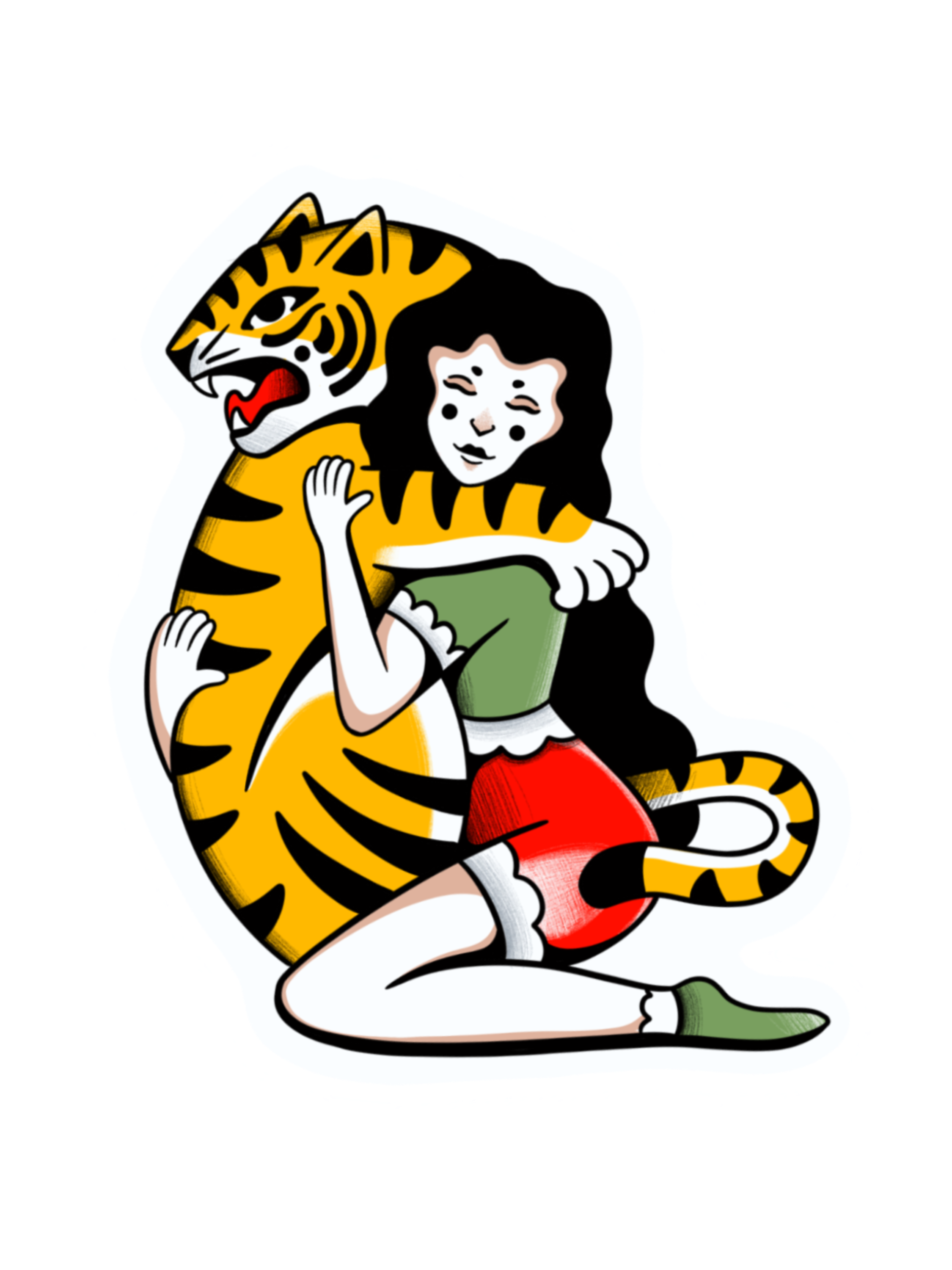 Traditional tattoo design of a girl embracing a tiger, illustrated with bold lines and classic colors by Flow Kappa Tattoo in West Palm Beach, Florida.