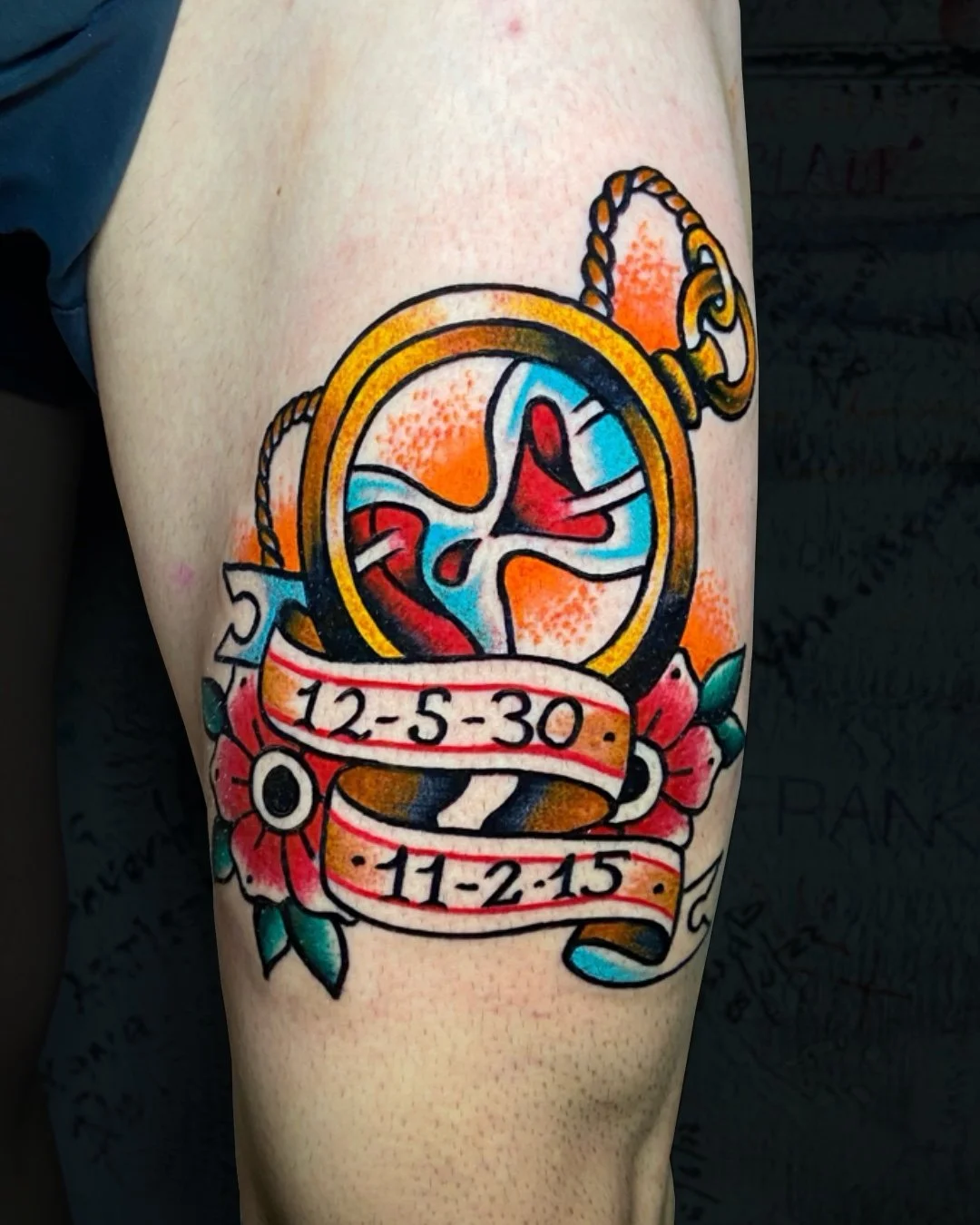 American Traditional pocket watch tattoo in West Palm Beach, Florida, featuring bold lines, solid colors, classic roses, and a banner with meaningful dates. This traditional tattoo represents time, memory, and life moments that deserve to be honored 