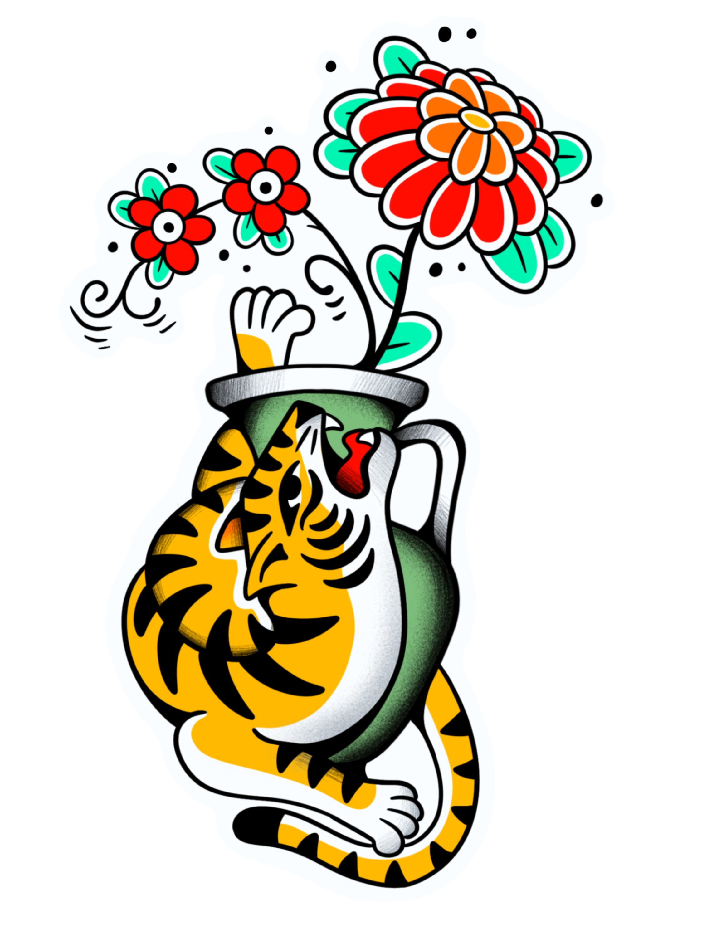 Traditional tattoo flash design featuring a tiger wrapped around a decorative vase filled with flowers. Bold colors, clean linework, and classic American traditional styling by Yonathan Suarez in West Palm Beach, Florida.
