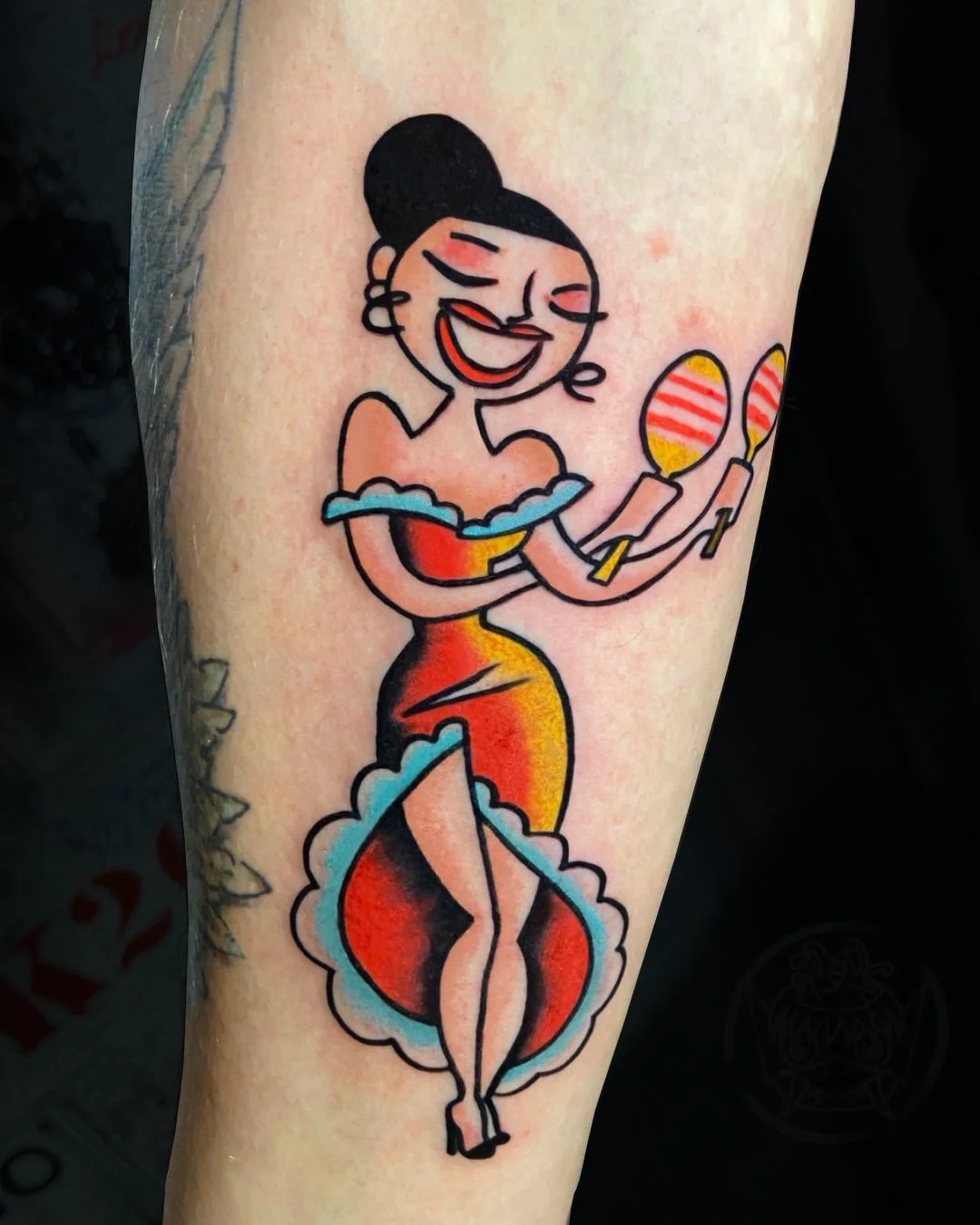 Traditional pin-up tattoo done in West Palm Beach, Florida. This custom tattoo features bold linework, solid color saturation, and a classic vintage pin-up style inspired by traditional tattoo art. Designed and tattooed by Flow Kappa, this piece show