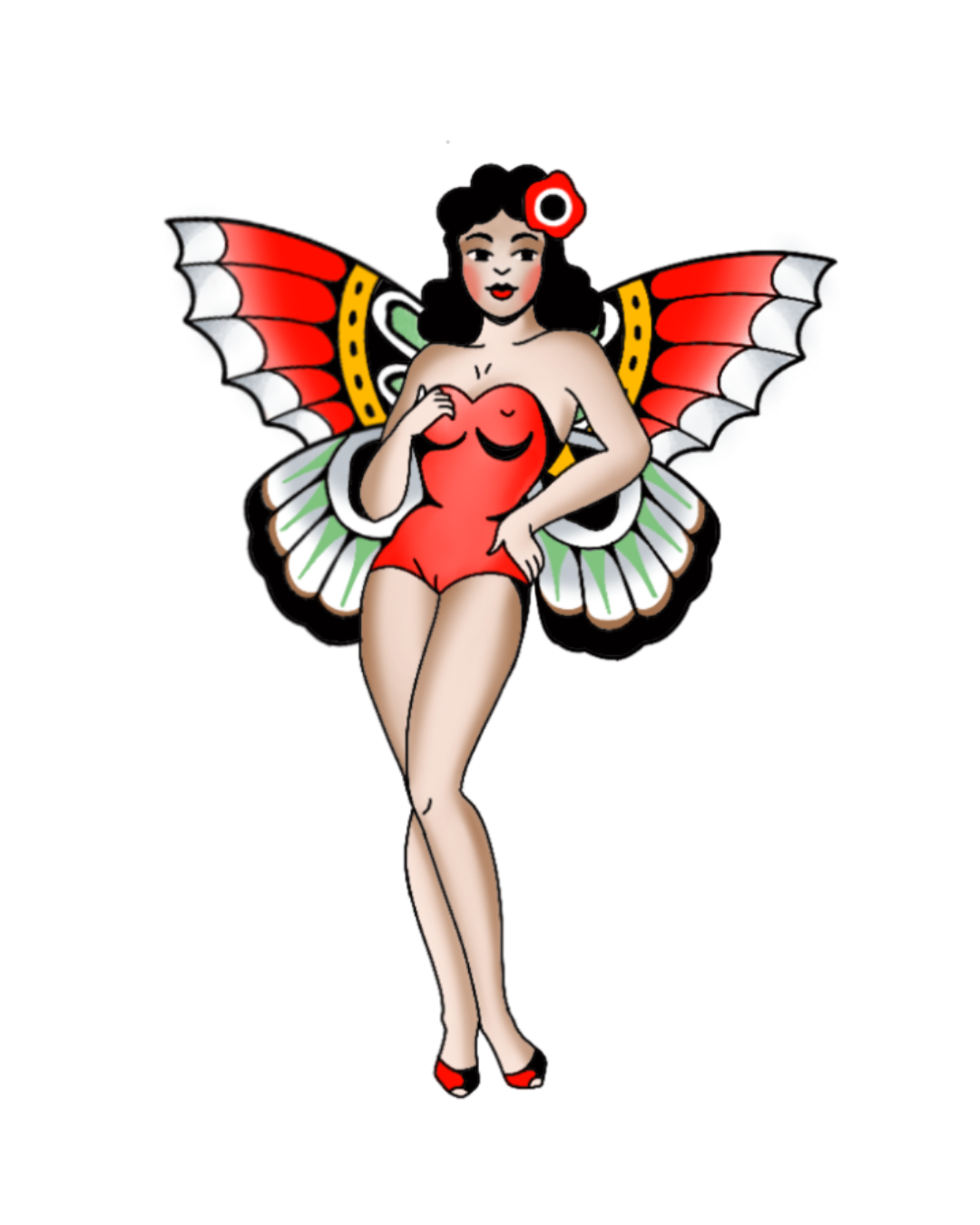 Traditional butterfly pin-up tattoo design illustrated by Flow Kappa Tattoo, featuring a classic pin-up woman with butterfly wings and bold colors, created in West Palm Beach, Florida.