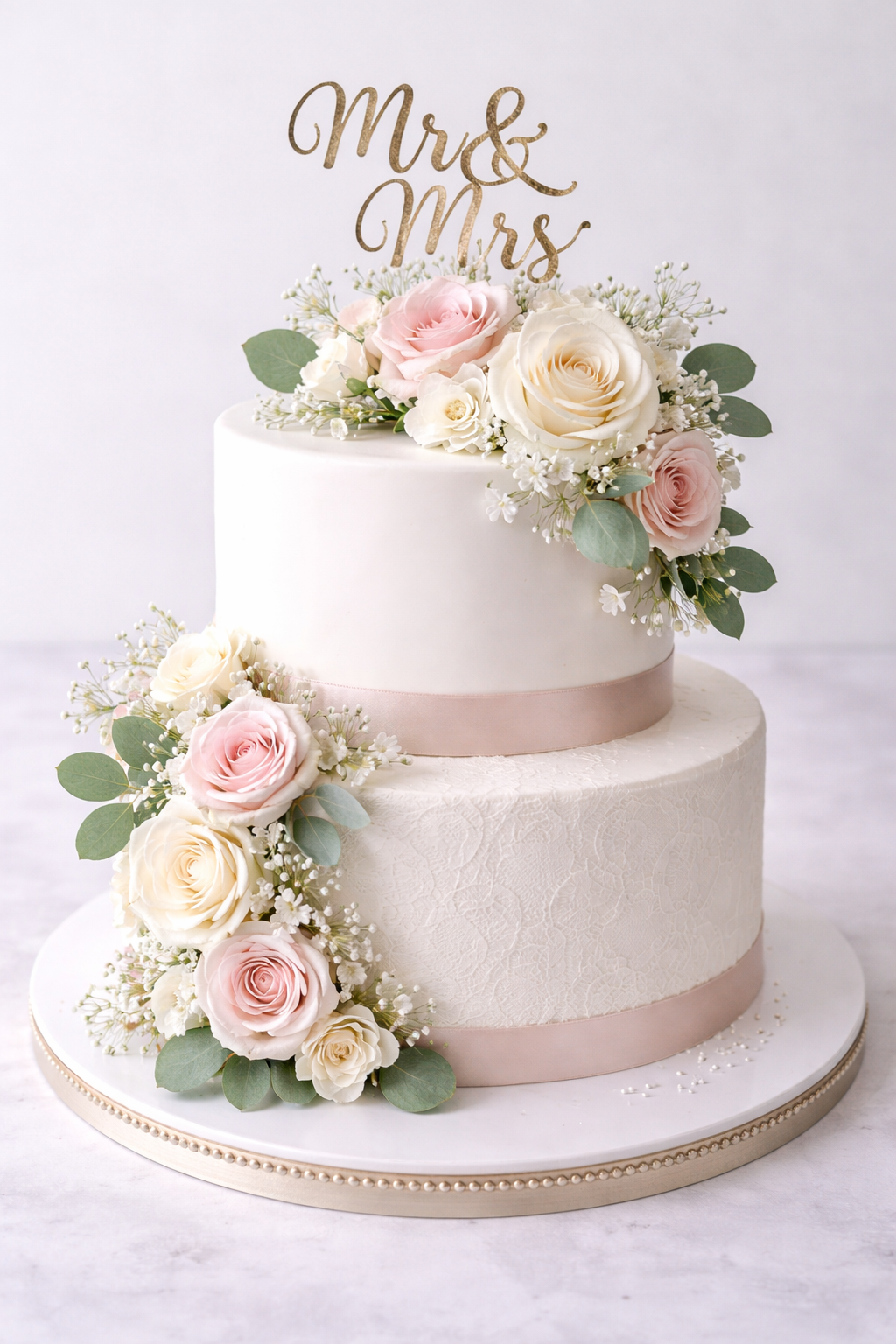 A two-tiered wedding cake decorated with pastel pink and white roses, white baby's breath, and eucalyptus leaves, topped with a gold "Mrs & Mrs" sign on a white background.