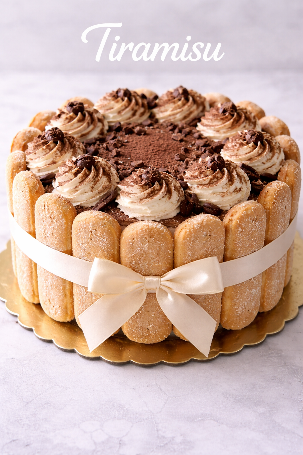 Tiramisu cake decorated with ladyfingers around the edges, topped with whipped cream and chocolate shavings, on a gold board with a cream-colored ribbon tied in a bow.