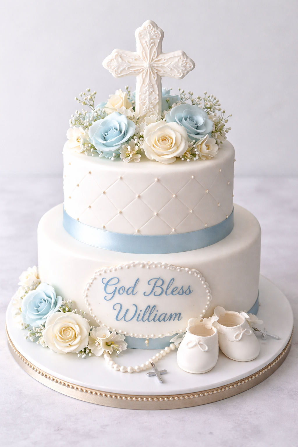 A two-tiered gender reveal cake with blue accents, decorated with light blue and white roses and a white cross on top. The cake has a message that reads "God Bless William."