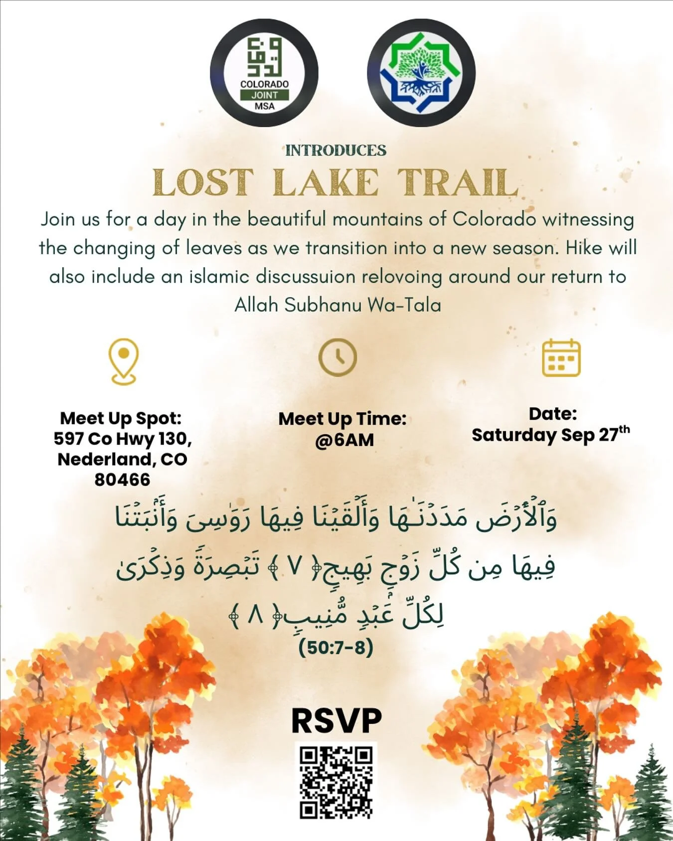 Come spend the day with us in the stunning Colorado mountains, as we soak in the crisp fall air and watch the leaves change colors. Along the hike, we’ll also have an inspiring Islamic discussion on returning to Allah ﷻ, reflecting on our spiri