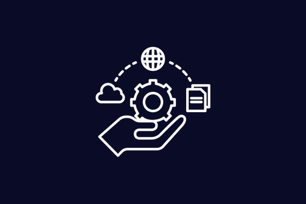 Hand holding a gear, surrounded by icons of a cloud, a globe, and a document, representing technology and data management.