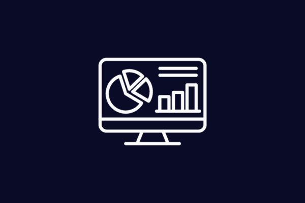 Line art icon of a computer monitor displaying pie chart and bar graph data.