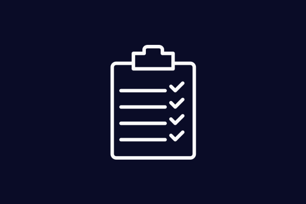 Icon of a clipboard with checkmarks on a dark background.