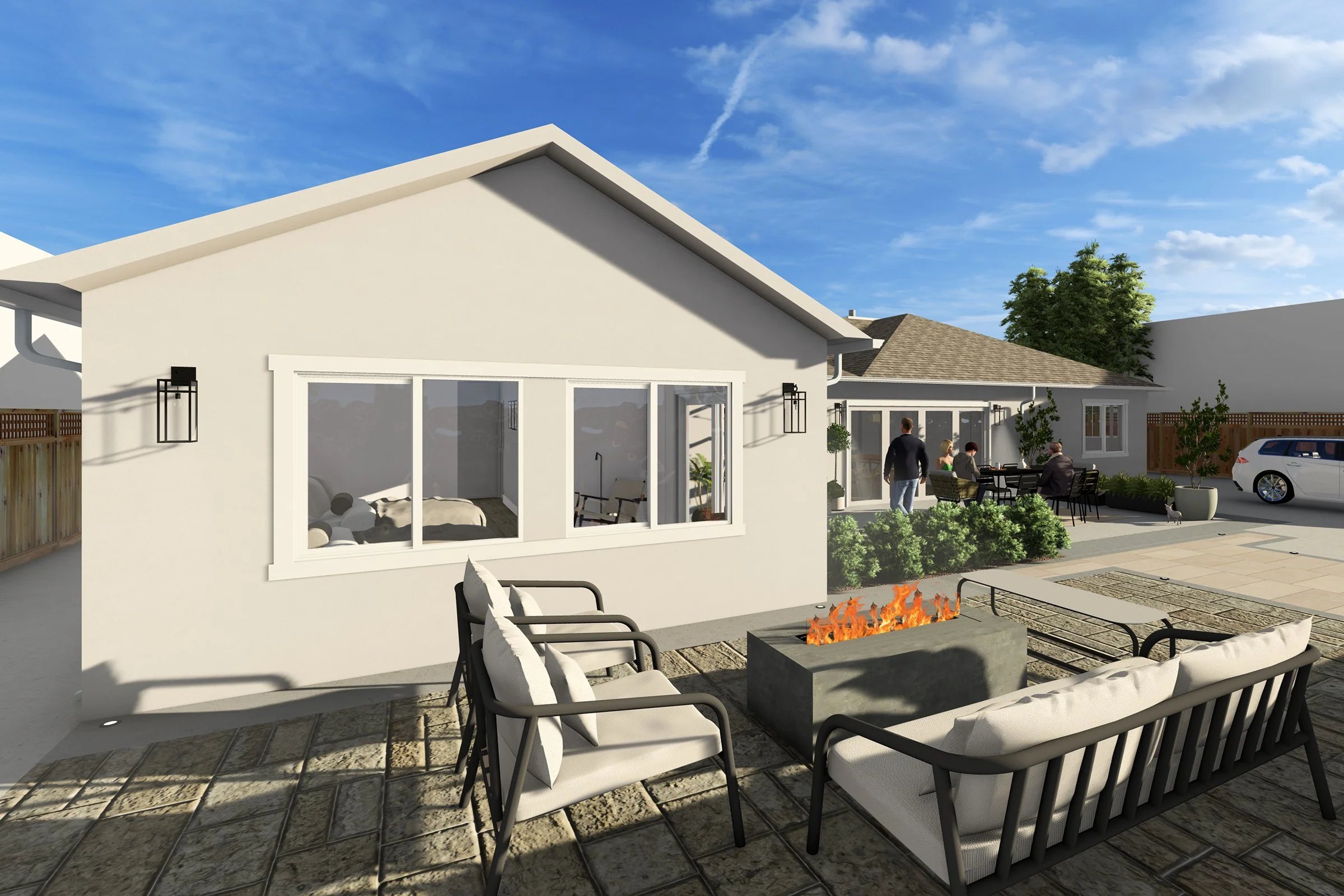 Rendering of outdoor lounge space with cushioned seating and a fire pit adjacent to the home addition - Cambrian Park Home Addition by Adam Mayer Architect