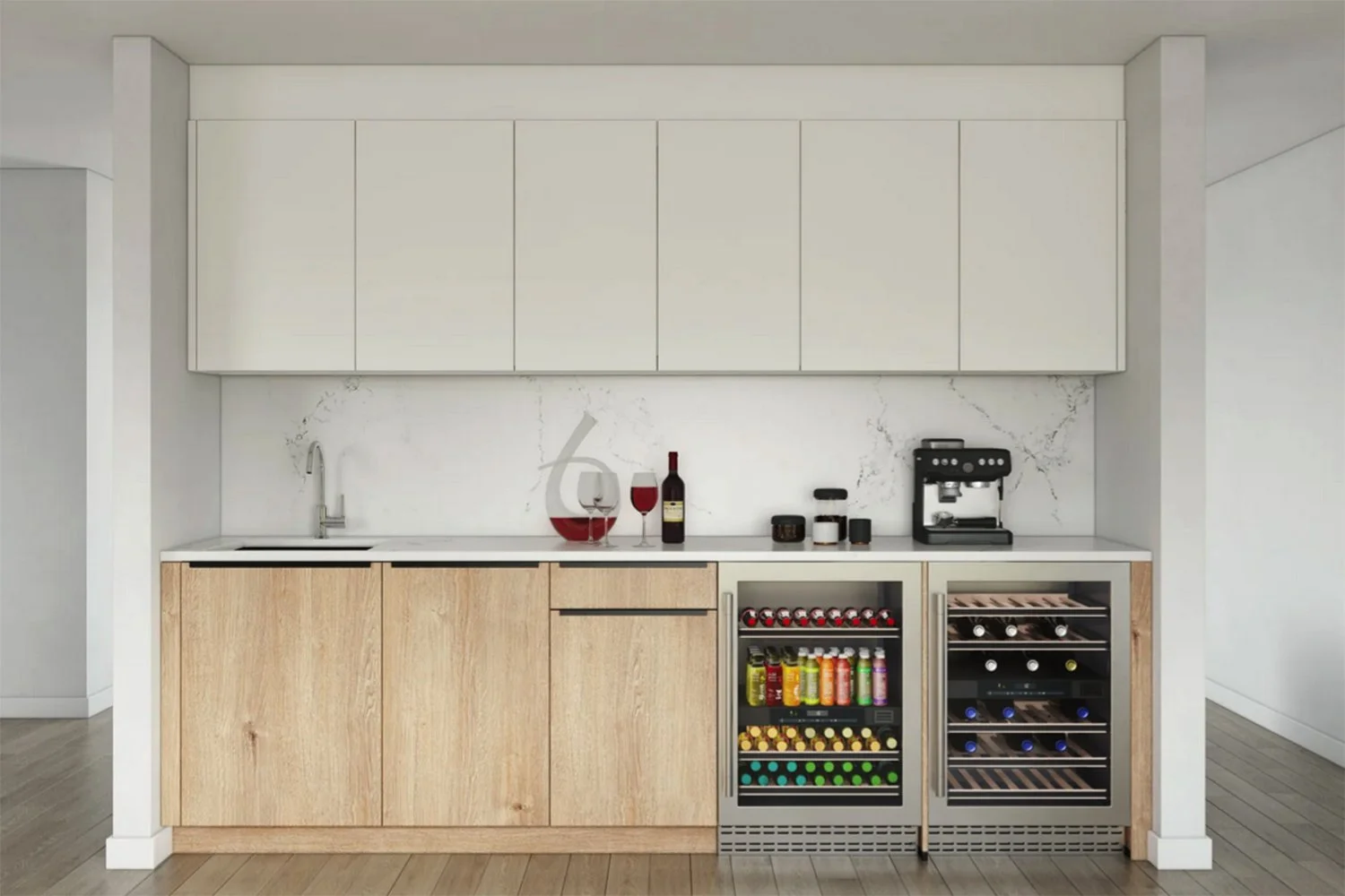 Rendering of built-in bar with white upper cabinets, wood base cabinetry, beverage fridge, and coffee station - Cambrian Park Home Addition by Adam Mayer Architect