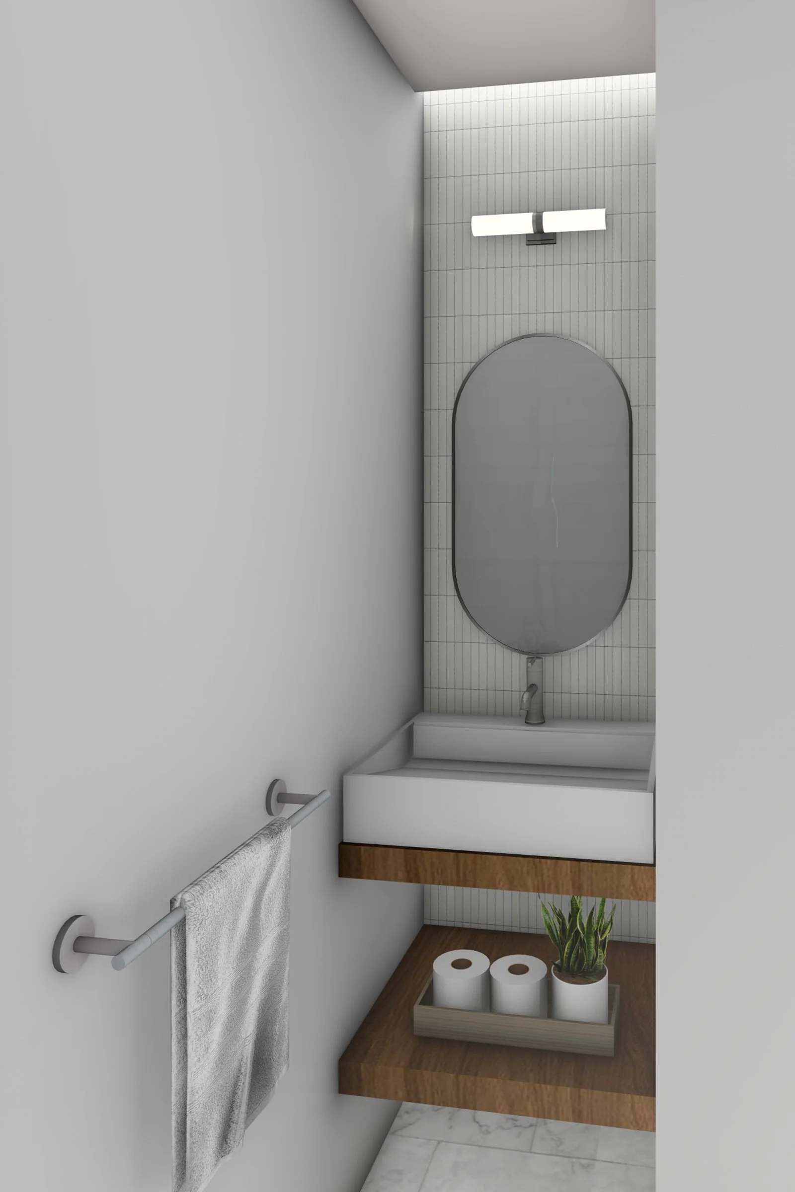 Rendering of powder room with floating wood vanity, vessel sink, and vertical stacked tile accent wall - Cambrian Park Home Addition by Adam Mayer Architect