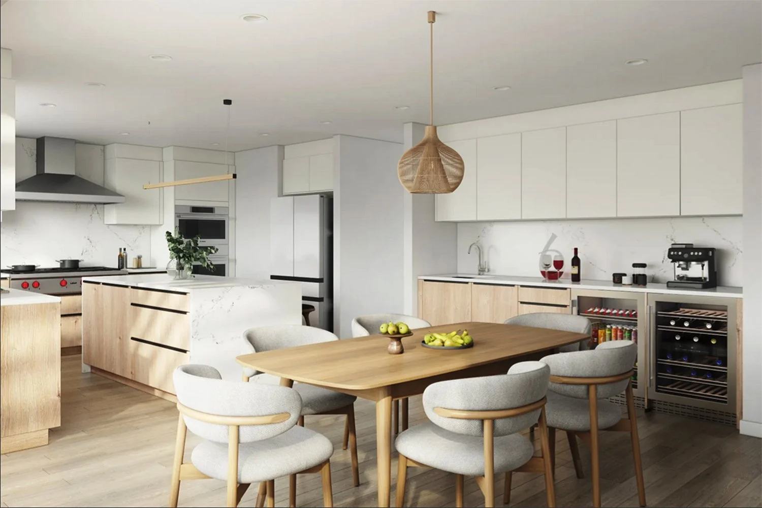 Rendering of modern kitchen and dining area with light wood cabinetry, marble countertops, and Scandinavian furniture - Cambrian Park Home Additin by Adam Mayer Architect