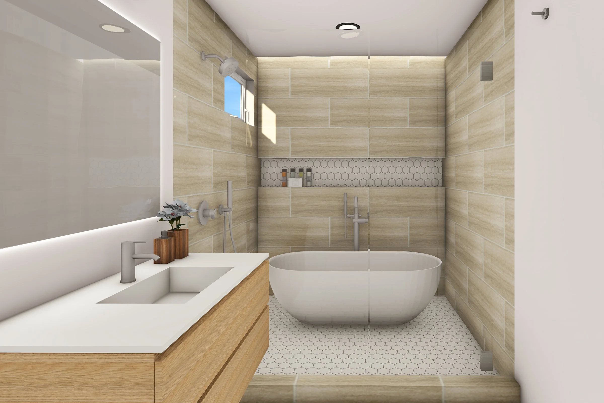 Rendering of primary bathroom with freestanding oval tub, hex tile flooring, and wood vanity with integrated sink - Cambrian Park Home Addition by Adam Mayer Architect